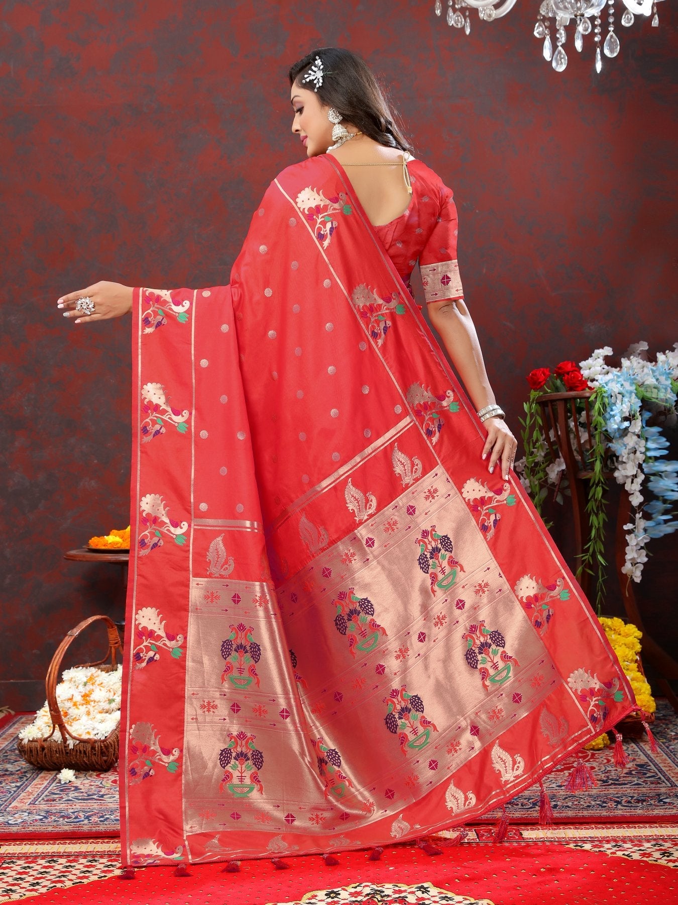 Assemblage Red Paithani Silk Saree With Jubilant Blouse Piece