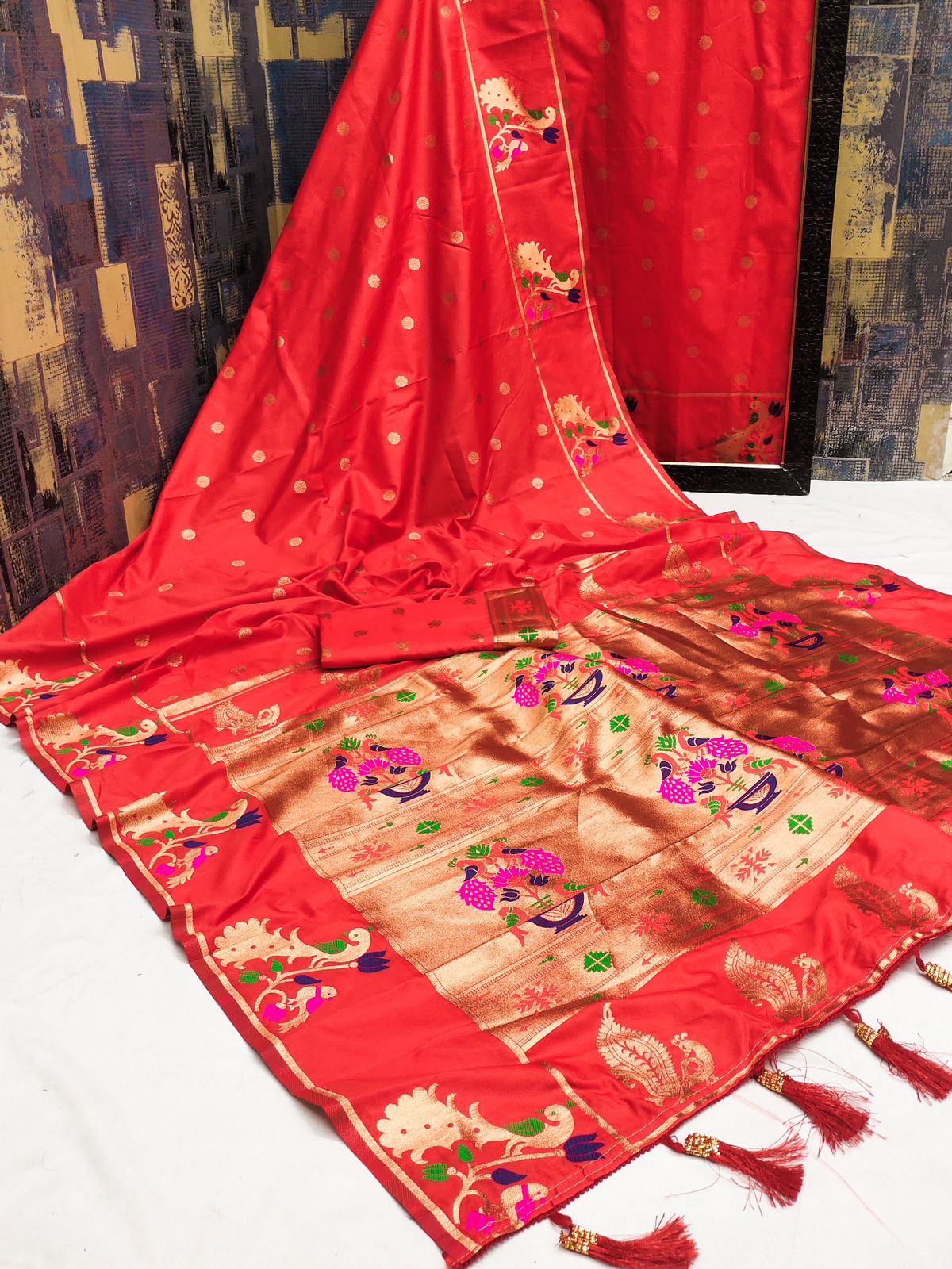 Assemblage Red Paithani Silk Saree With Jubilant Blouse Piece