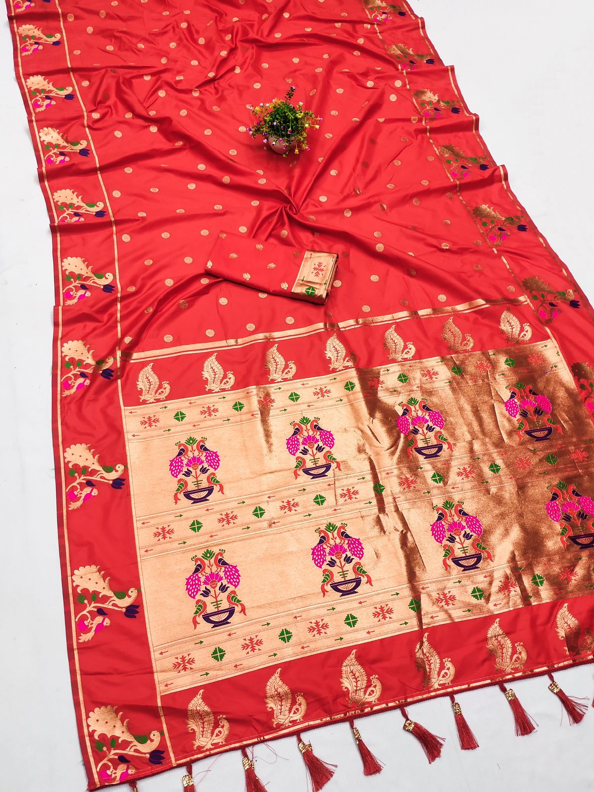 Assemblage Red Paithani Silk Saree With Jubilant Blouse Piece