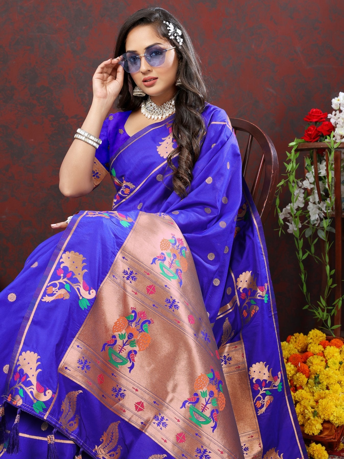 Arresting Royal Blue Paithani Silk Saree With Majestic Blouse Piece