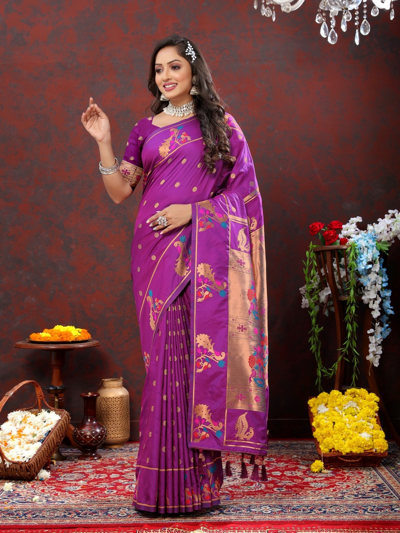 Enticing Wine Paithani Silk Saree With Majestic Blouse Piece