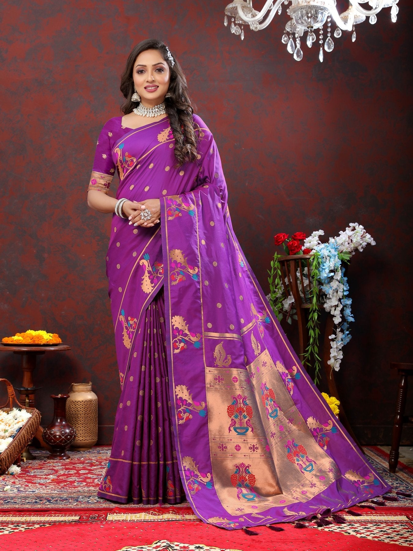 Enticing Wine Paithani Silk Saree With Majestic Blouse Piece