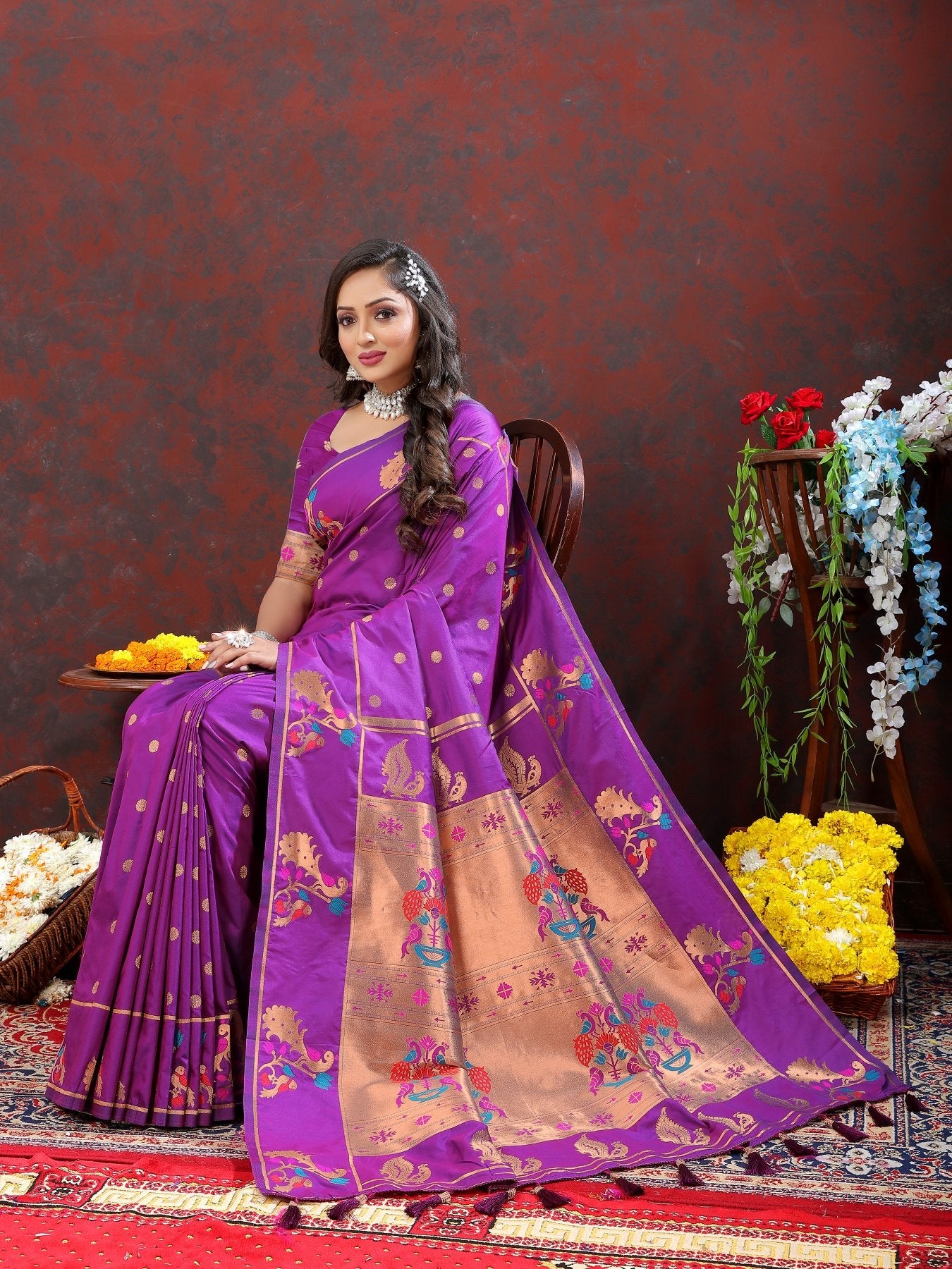 Enticing Wine Paithani Silk Saree With Majestic Blouse Piece