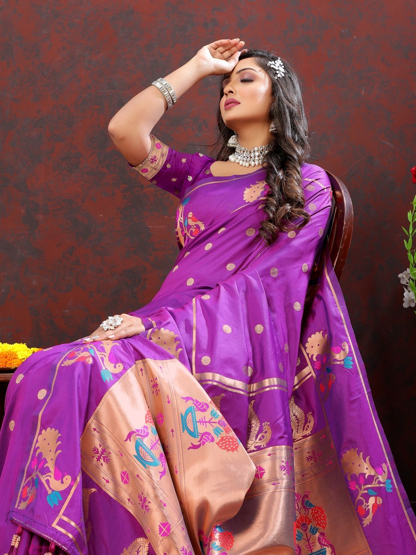 Enticing Wine Paithani Silk Saree With Majestic Blouse Piece