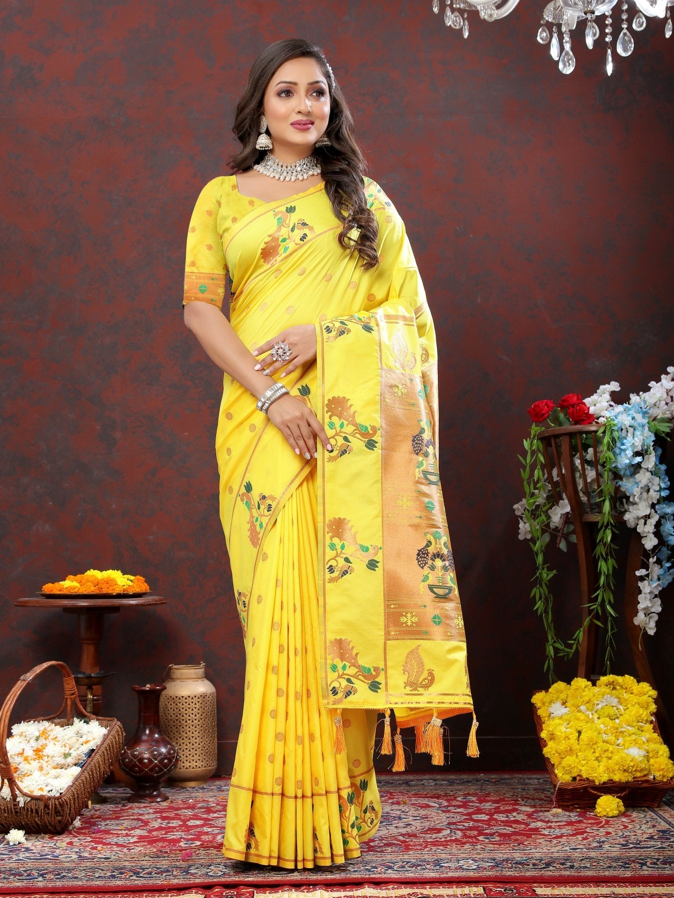 Excellent Yellow Paithani Silk Saree With Exquisite Blouse Piece