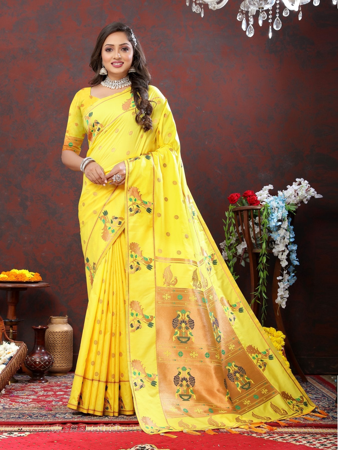 Excellent Yellow Paithani Silk Saree With Exquisite Blouse Piece