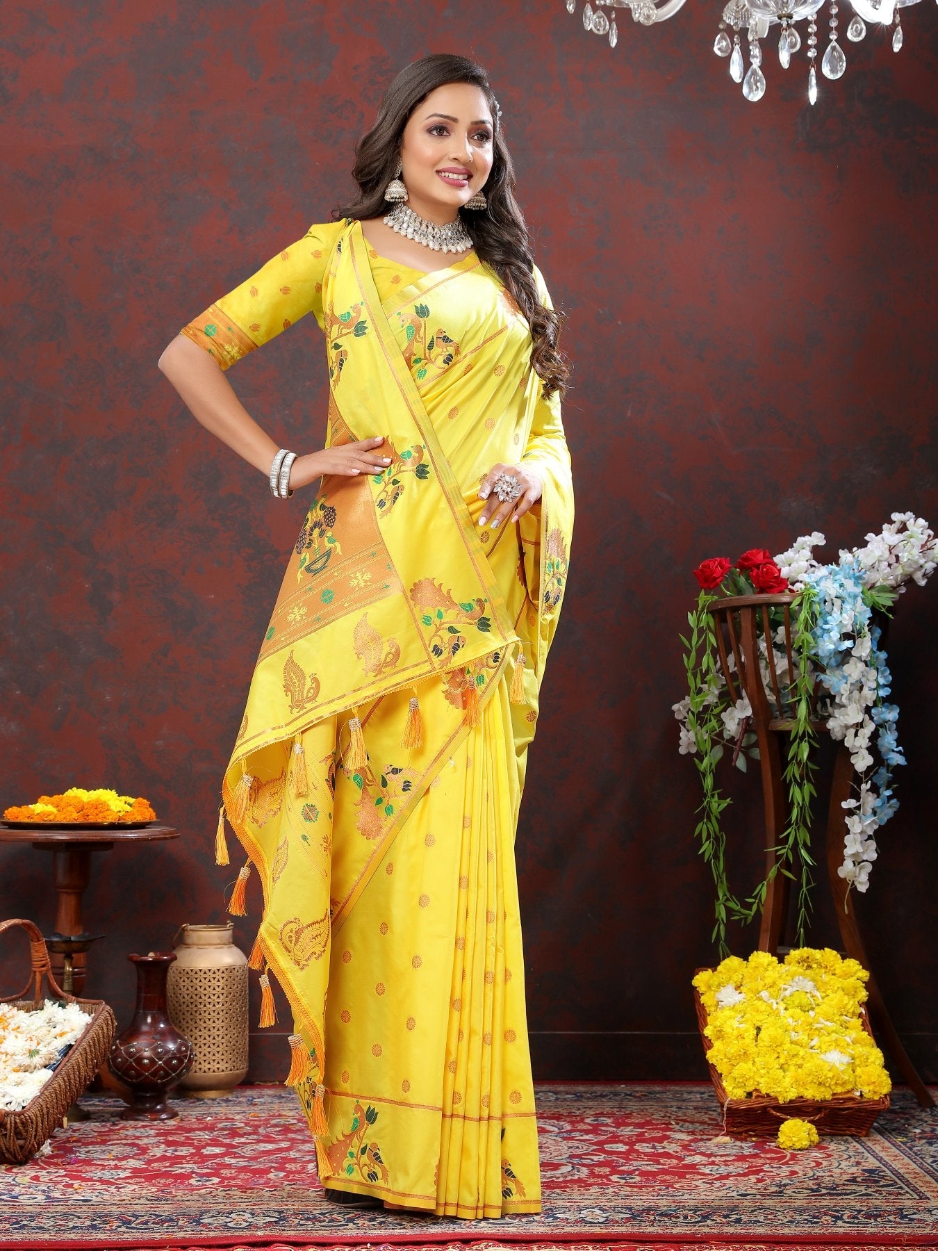 Excellent Yellow Paithani Silk Saree With Exquisite Blouse Piece