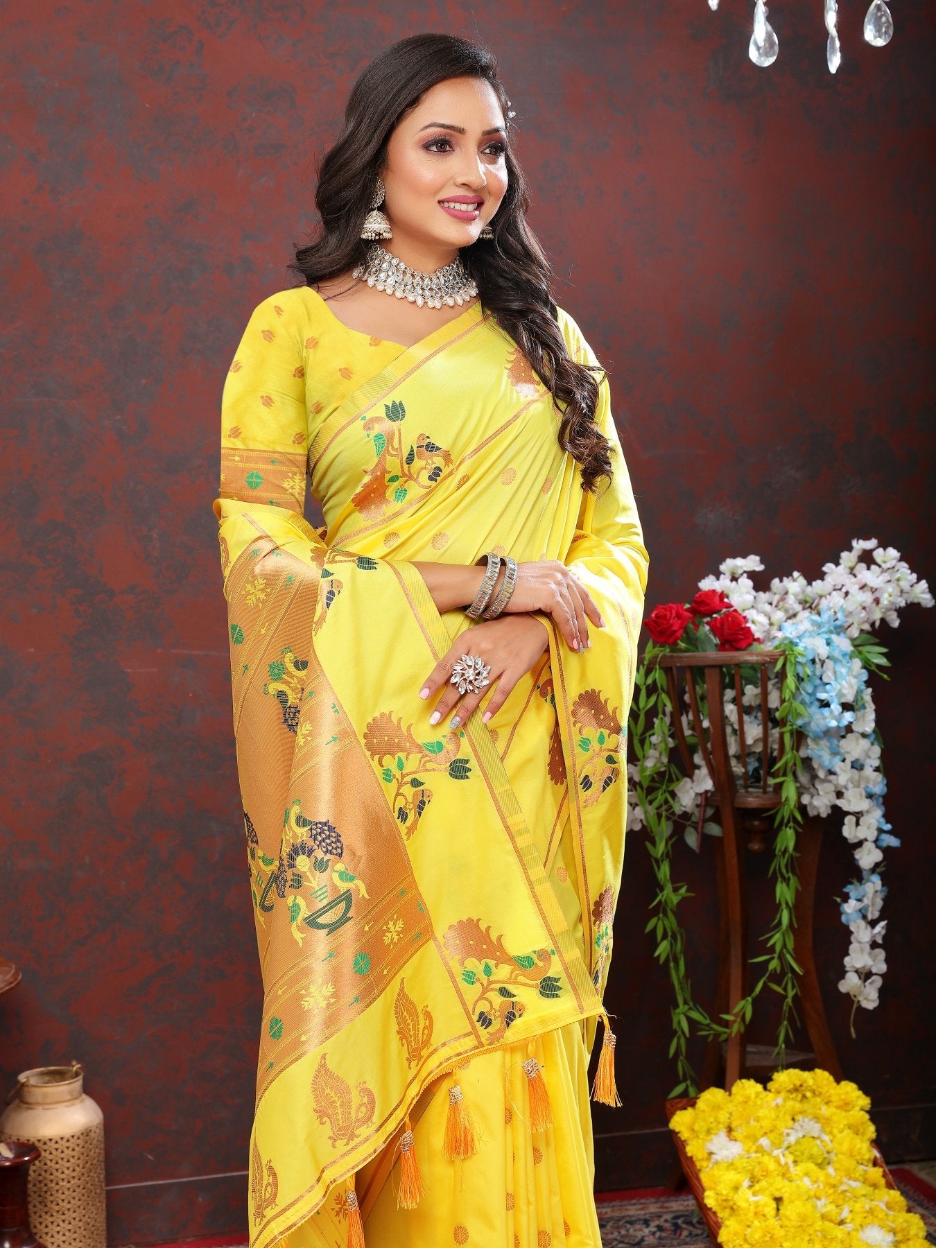 Excellent Yellow Paithani Silk Saree With Exquisite Blouse Piece