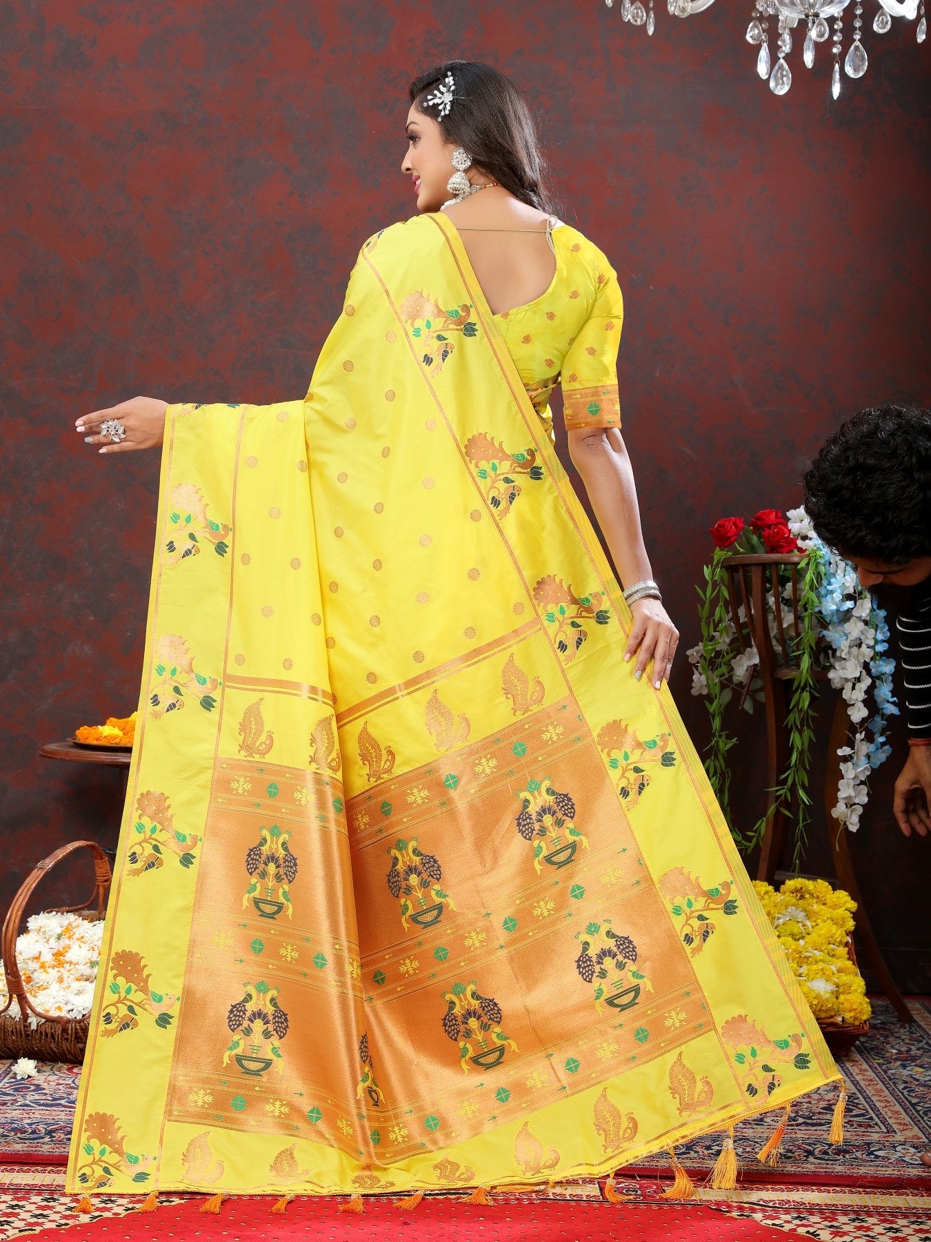 Excellent Yellow Paithani Silk Saree With Exquisite Blouse Piece