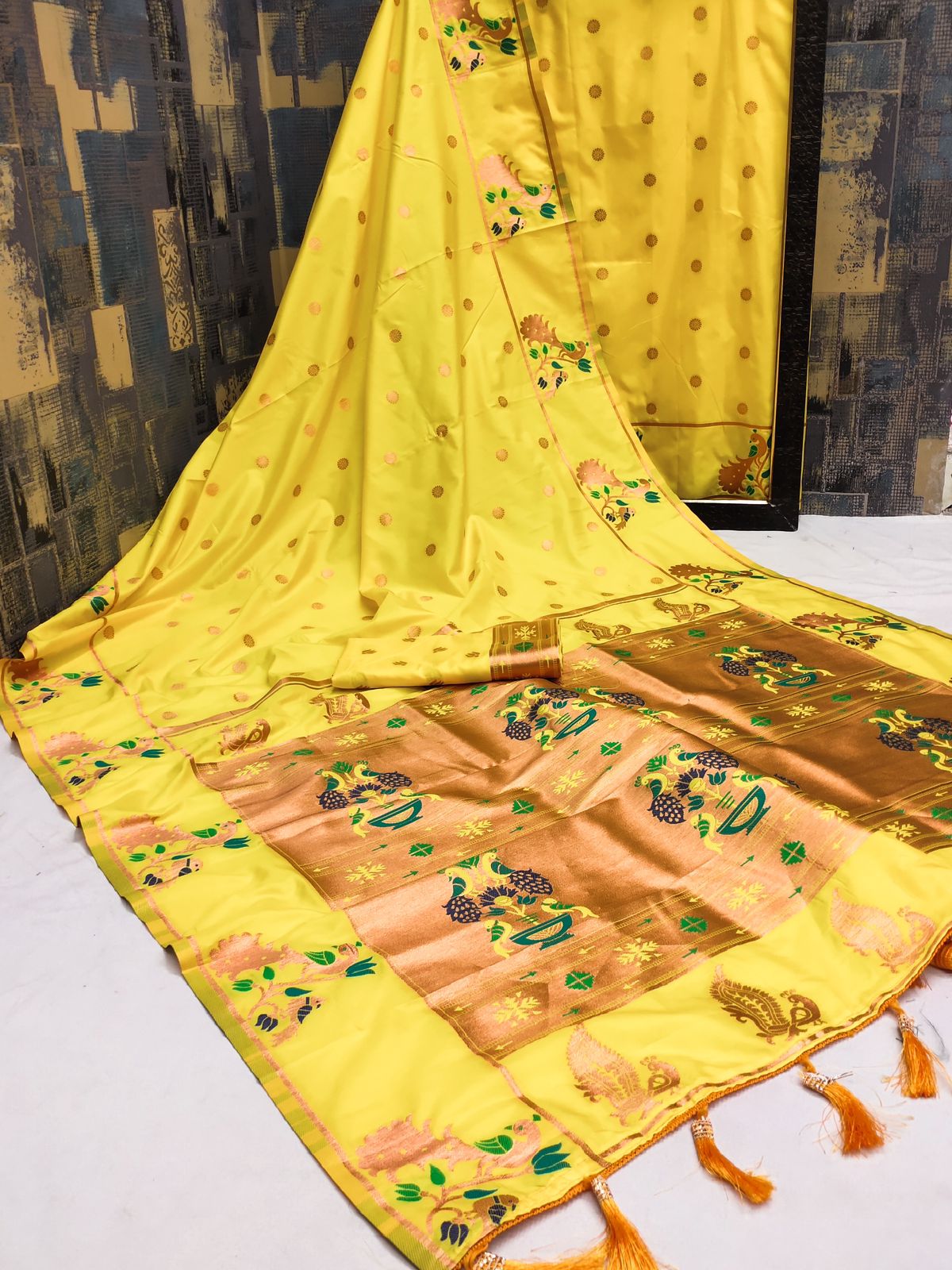 Excellent Yellow Paithani Silk Saree With Exquisite Blouse Piece