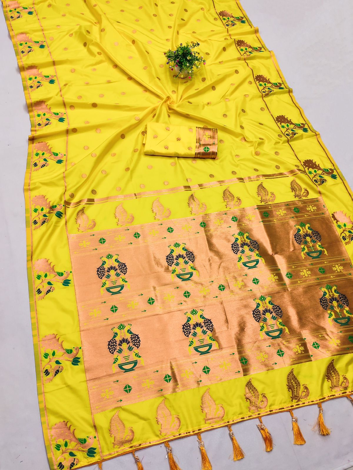 Excellent Yellow Paithani Silk Saree With Exquisite Blouse Piece