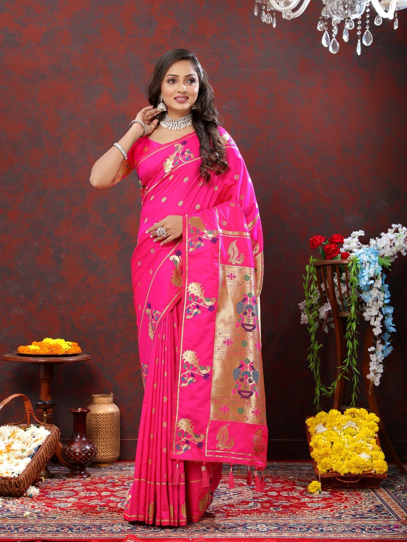 Radiant Dark Pink Paithani Silk Saree With Ornate Blouse Piece