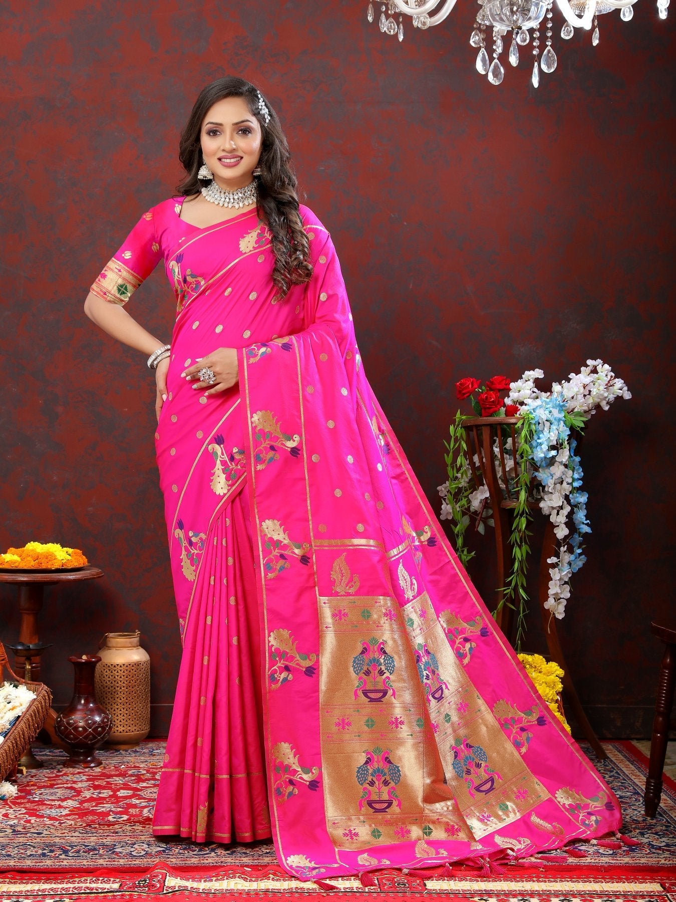 Radiant Dark Pink Paithani Silk Saree With Ornate Blouse Piece