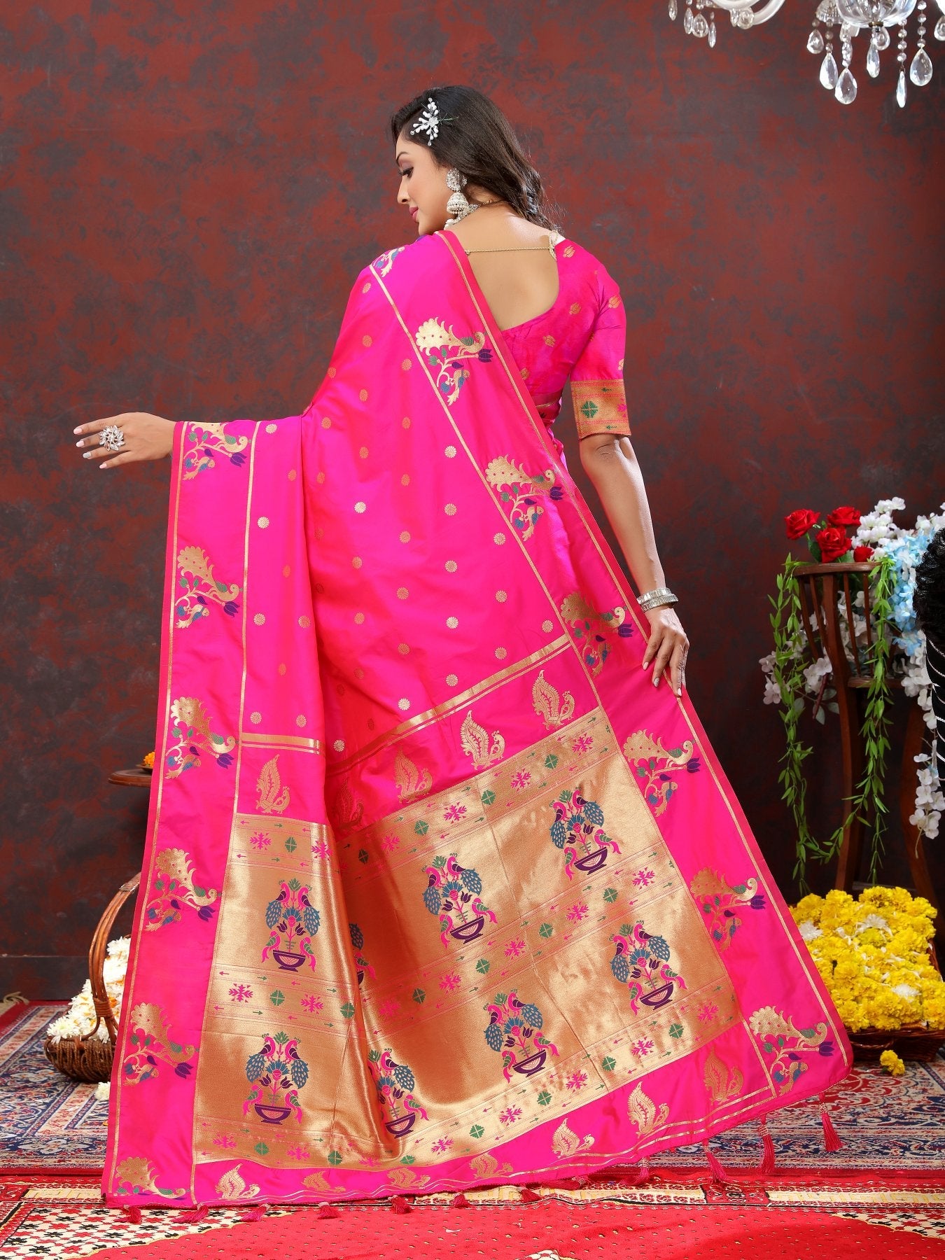 Radiant Dark Pink Paithani Silk Saree With Ornate Blouse Piece