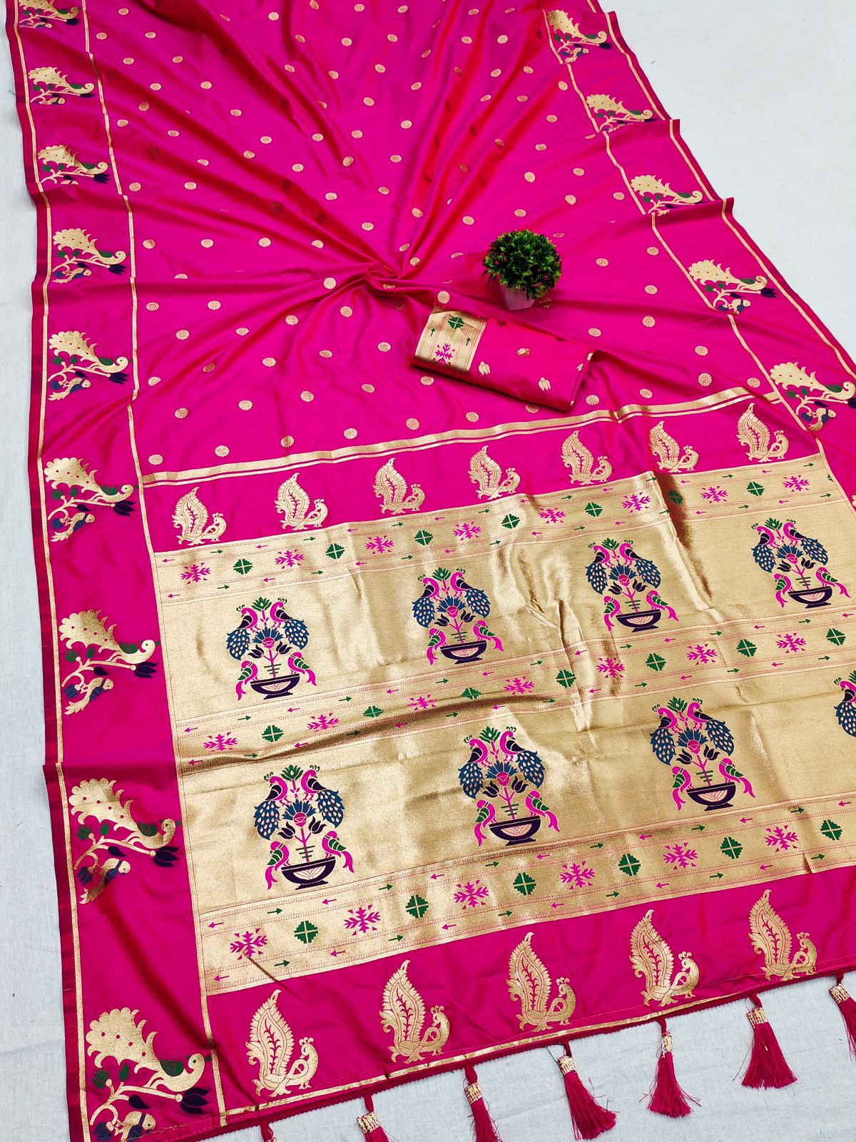 Radiant Dark Pink Paithani Silk Saree With Ornate Blouse Piece