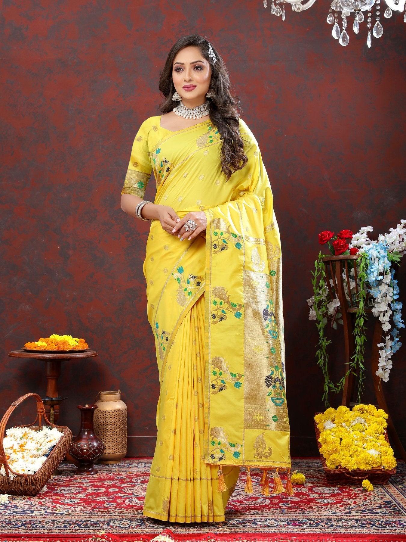 Chatoyant Lemon Paithani Silk Saree With Charismatic Blouse Piece