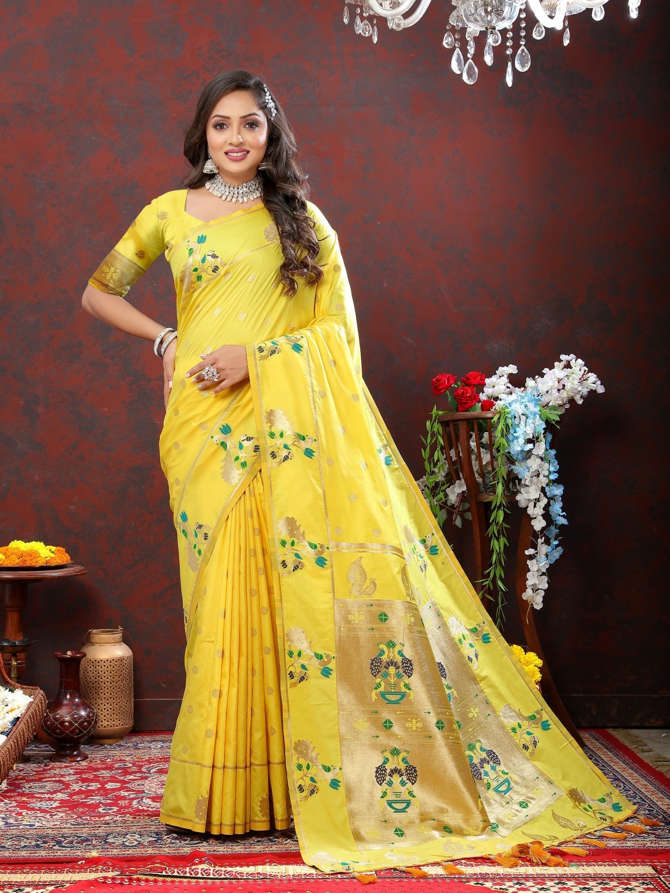 Chatoyant Lemon Paithani Silk Saree With Charismatic Blouse Piece