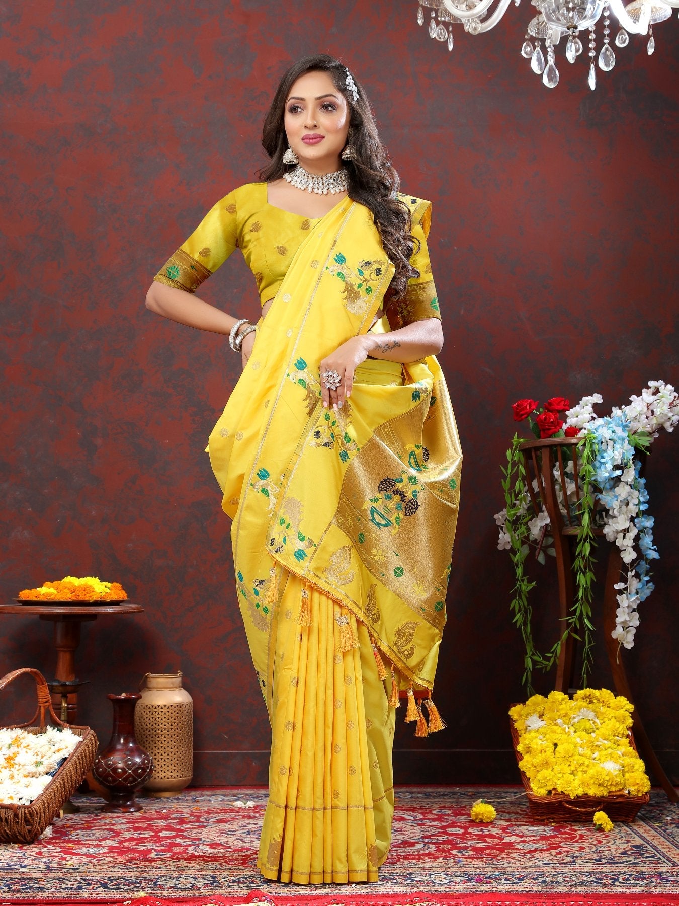 Chatoyant Lemon Paithani Silk Saree With Charismatic Blouse Piece