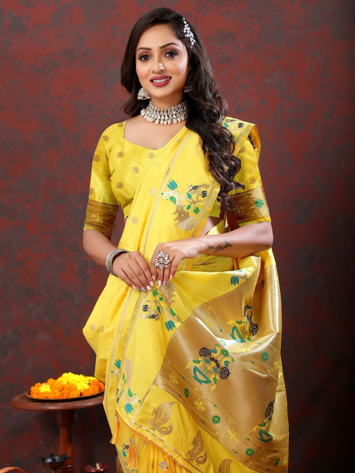 Chatoyant Lemon Paithani Silk Saree With Charismatic Blouse Piece