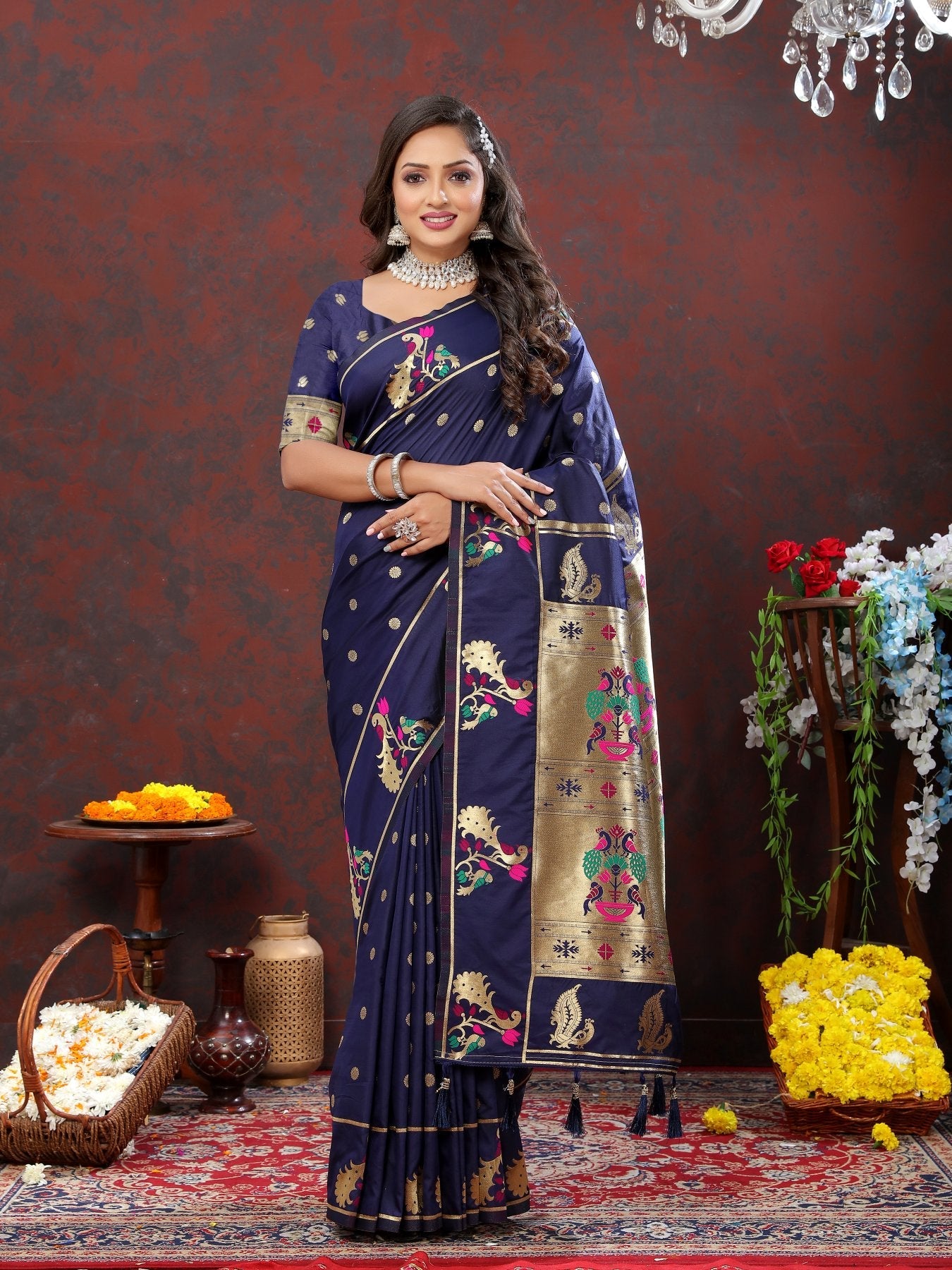 Hypnotic Navy Blue Paithani Silk Saree With Winsome Blouse Piece