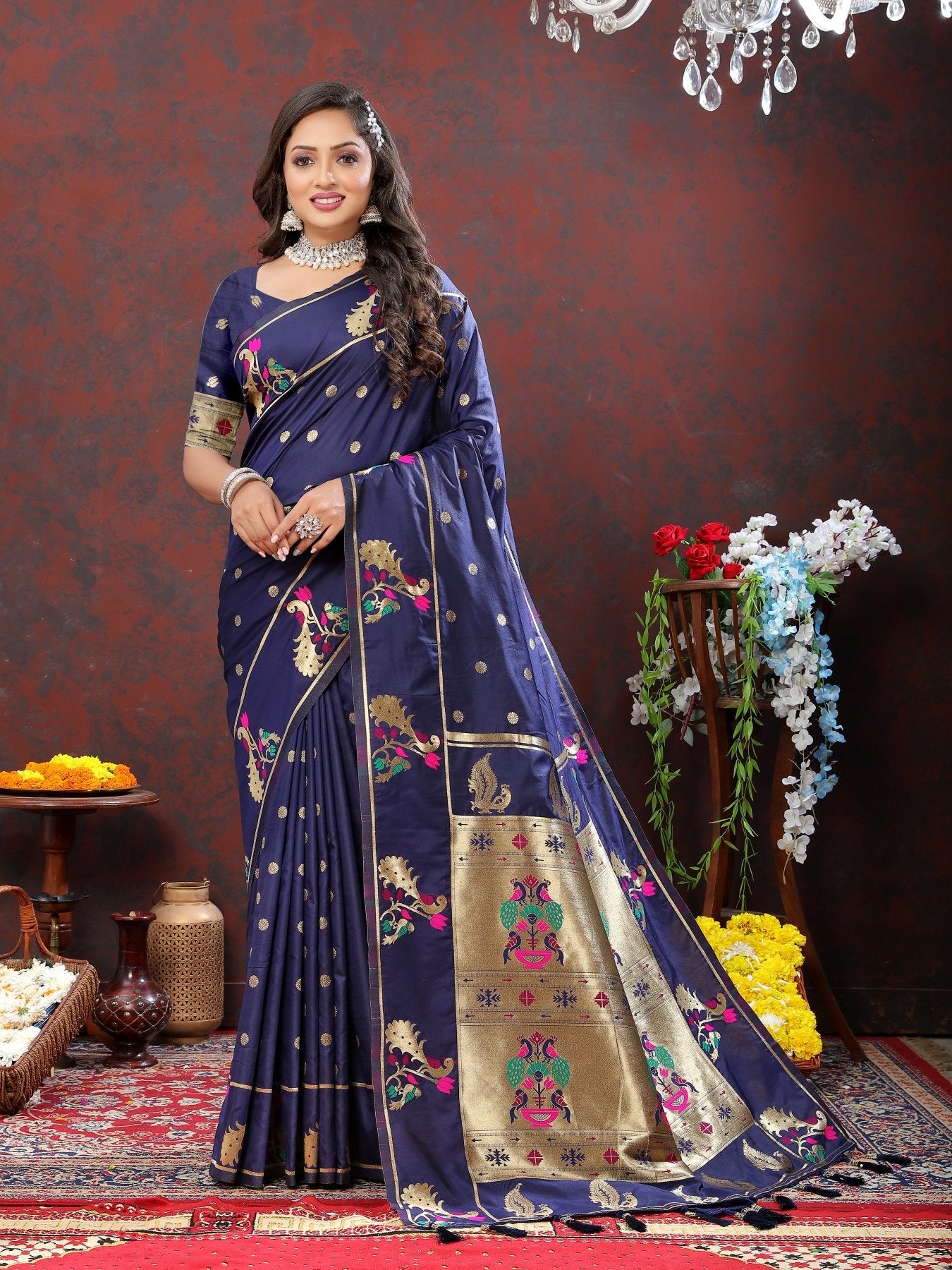 Hypnotic Navy Blue Paithani Silk Saree With Winsome Blouse Piece