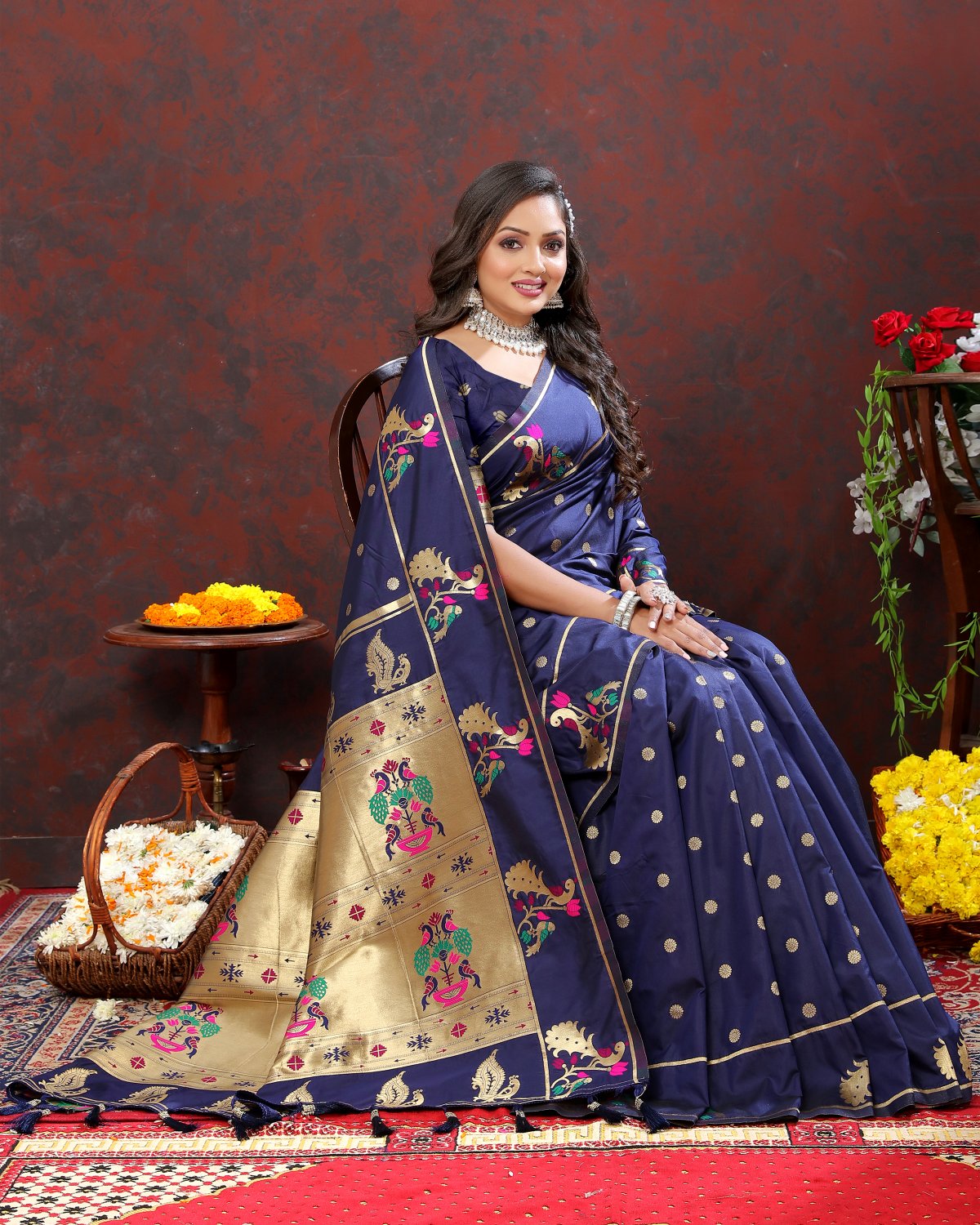 Hypnotic Navy Blue Paithani Silk Saree With Winsome Blouse Piece