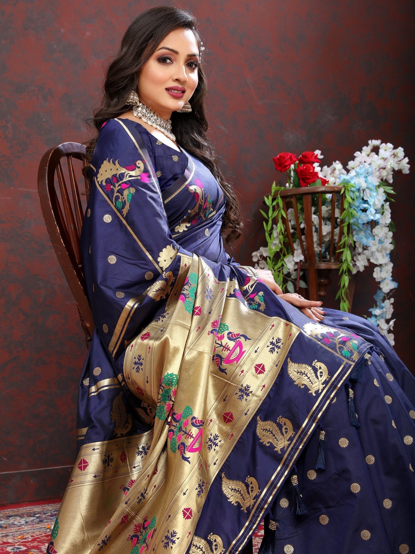 Hypnotic Navy Blue Paithani Silk Saree With Winsome Blouse Piece