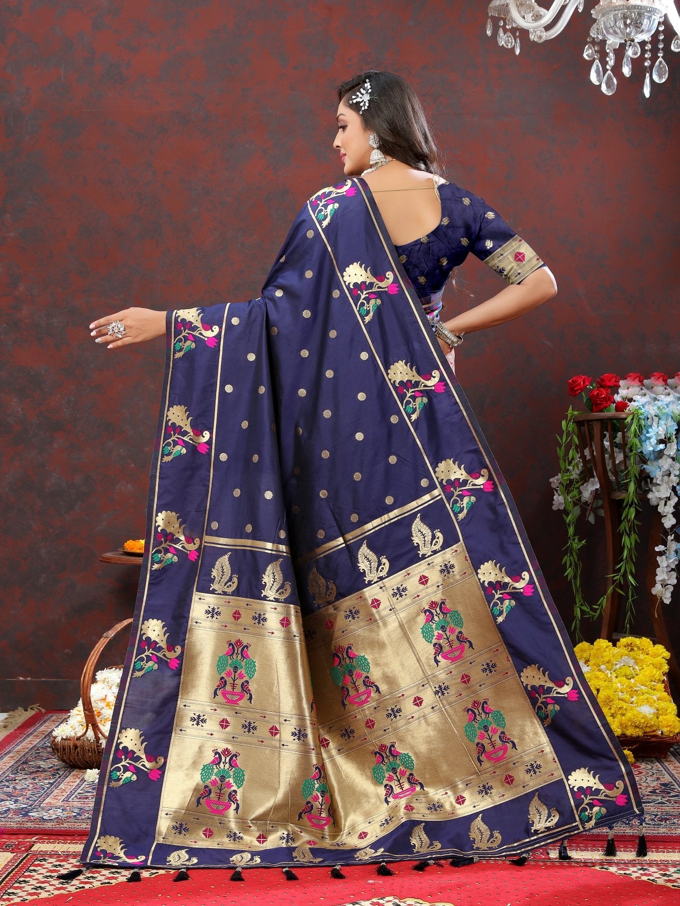 Hypnotic Navy Blue Paithani Silk Saree With Winsome Blouse Piece