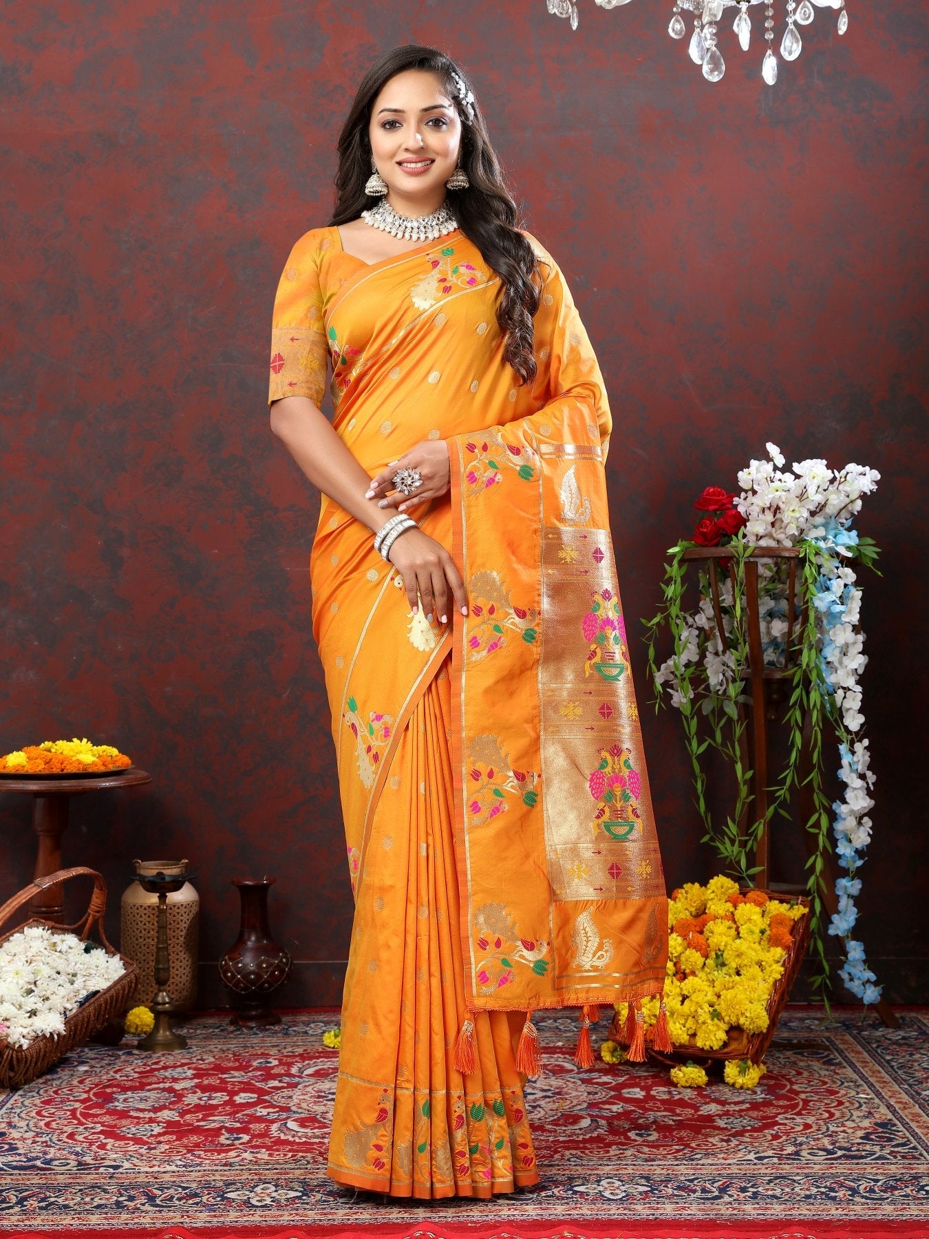 Bucolic Orange Paithani Silk Saree With Piquant Blouse Piece