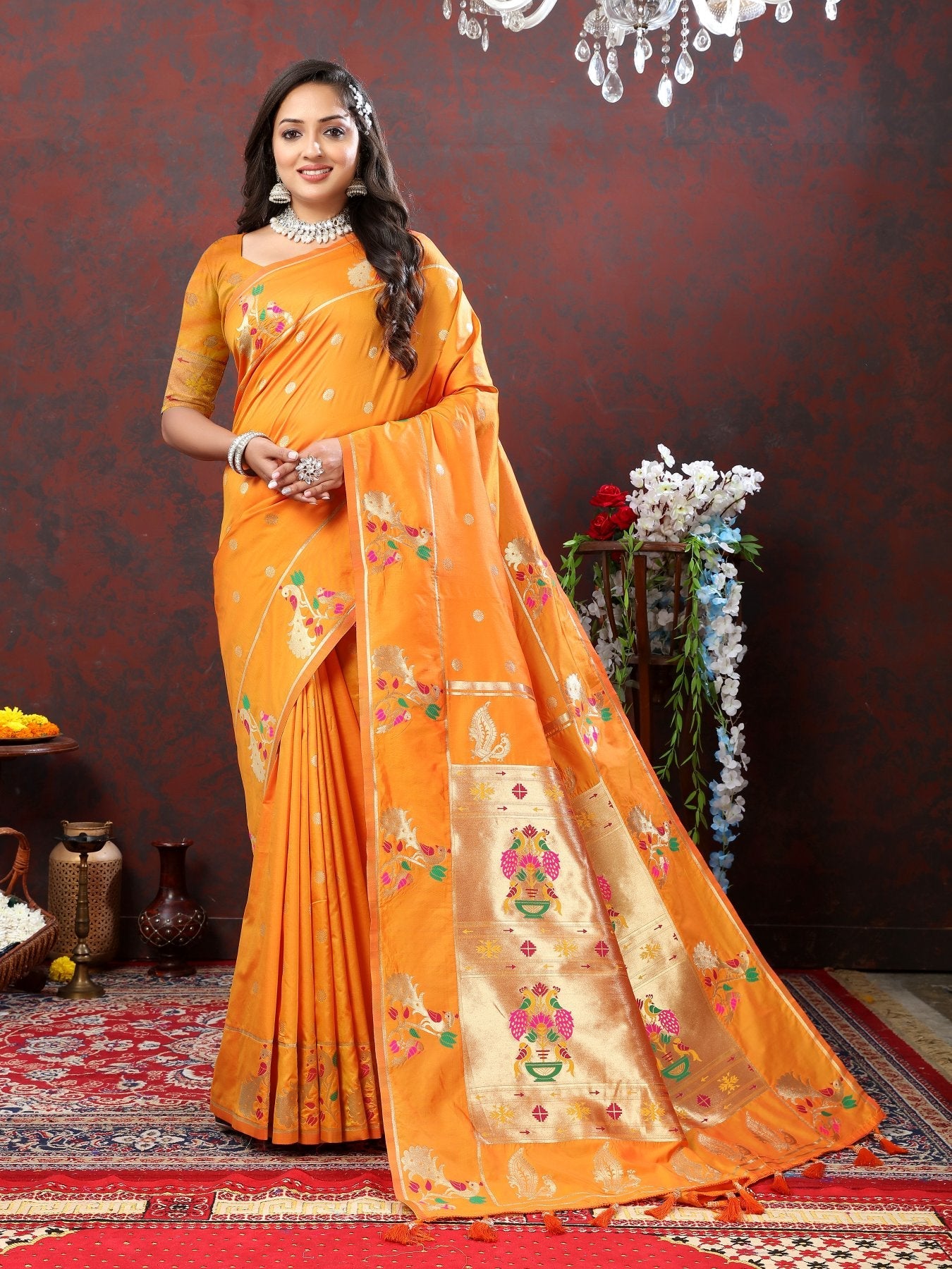 Bucolic Orange Paithani Silk Saree With Piquant Blouse Piece