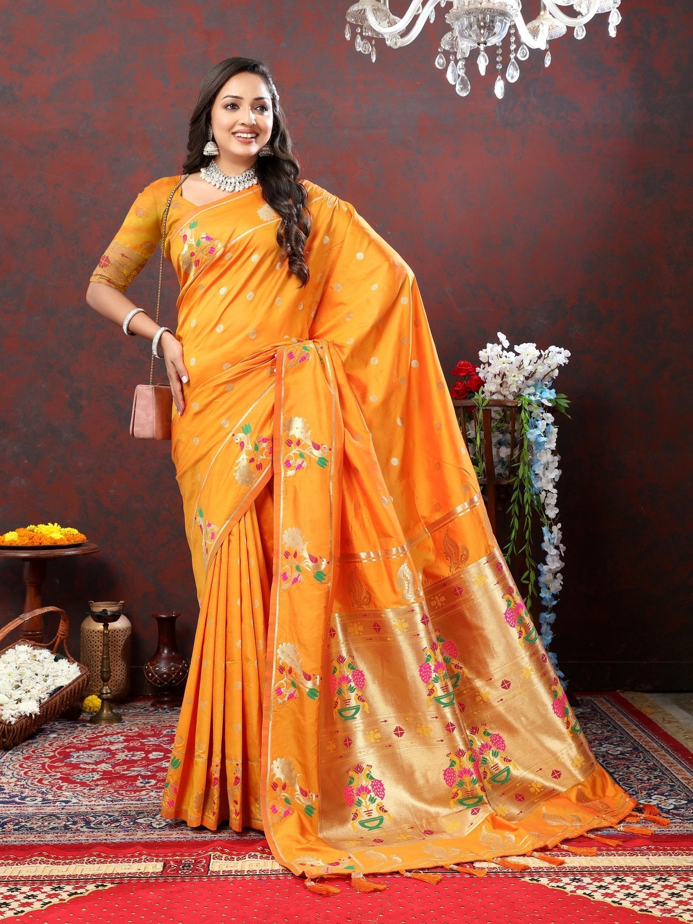 Bucolic Orange Paithani Silk Saree With Piquant Blouse Piece