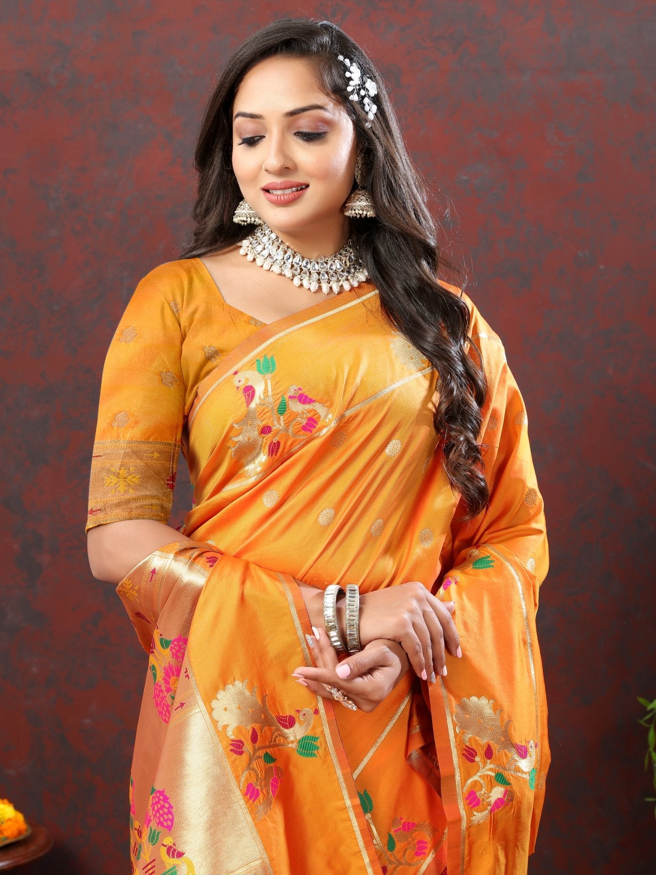 Bucolic Orange Paithani Silk Saree With Piquant Blouse Piece