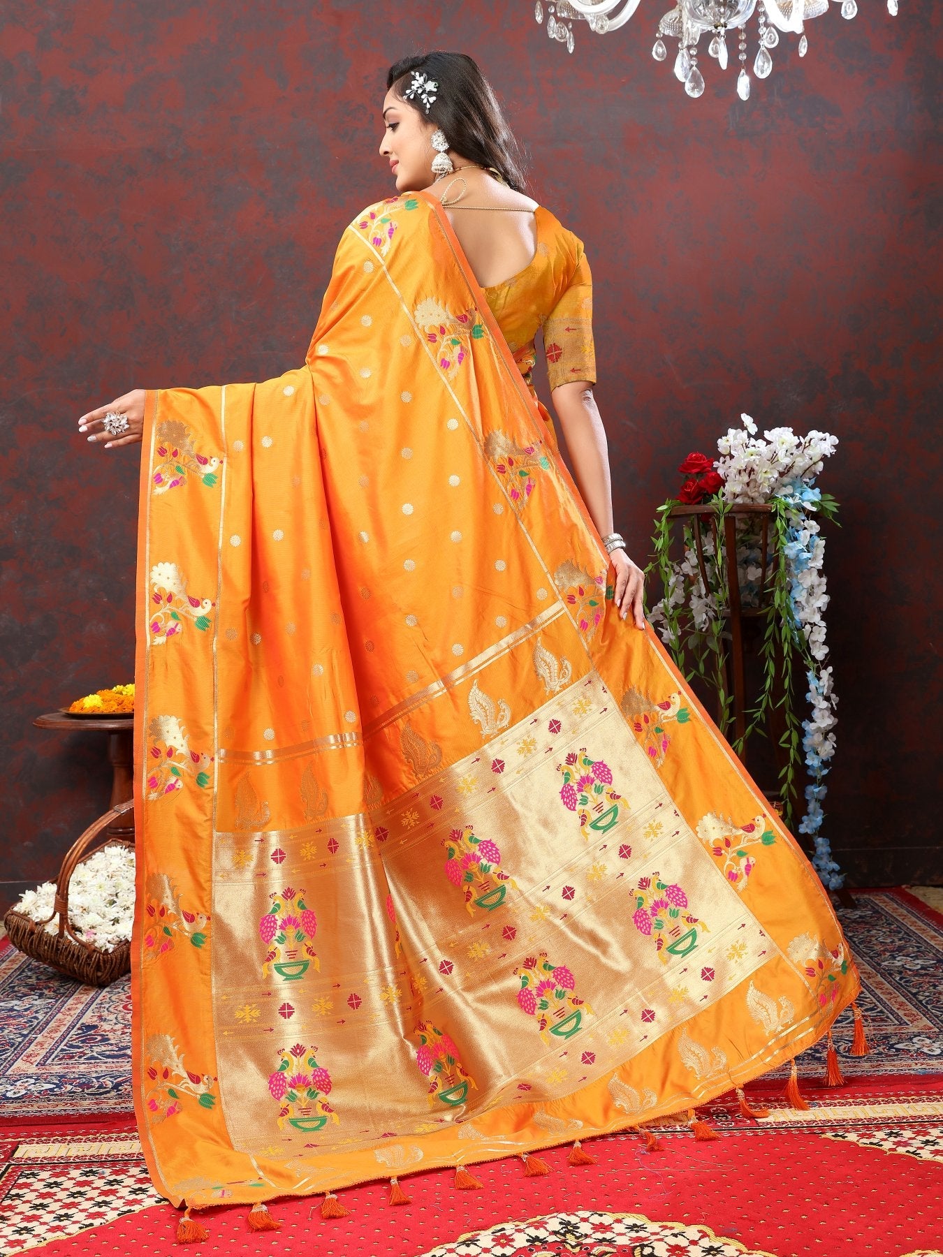 Bucolic Orange Paithani Silk Saree With Piquant Blouse Piece