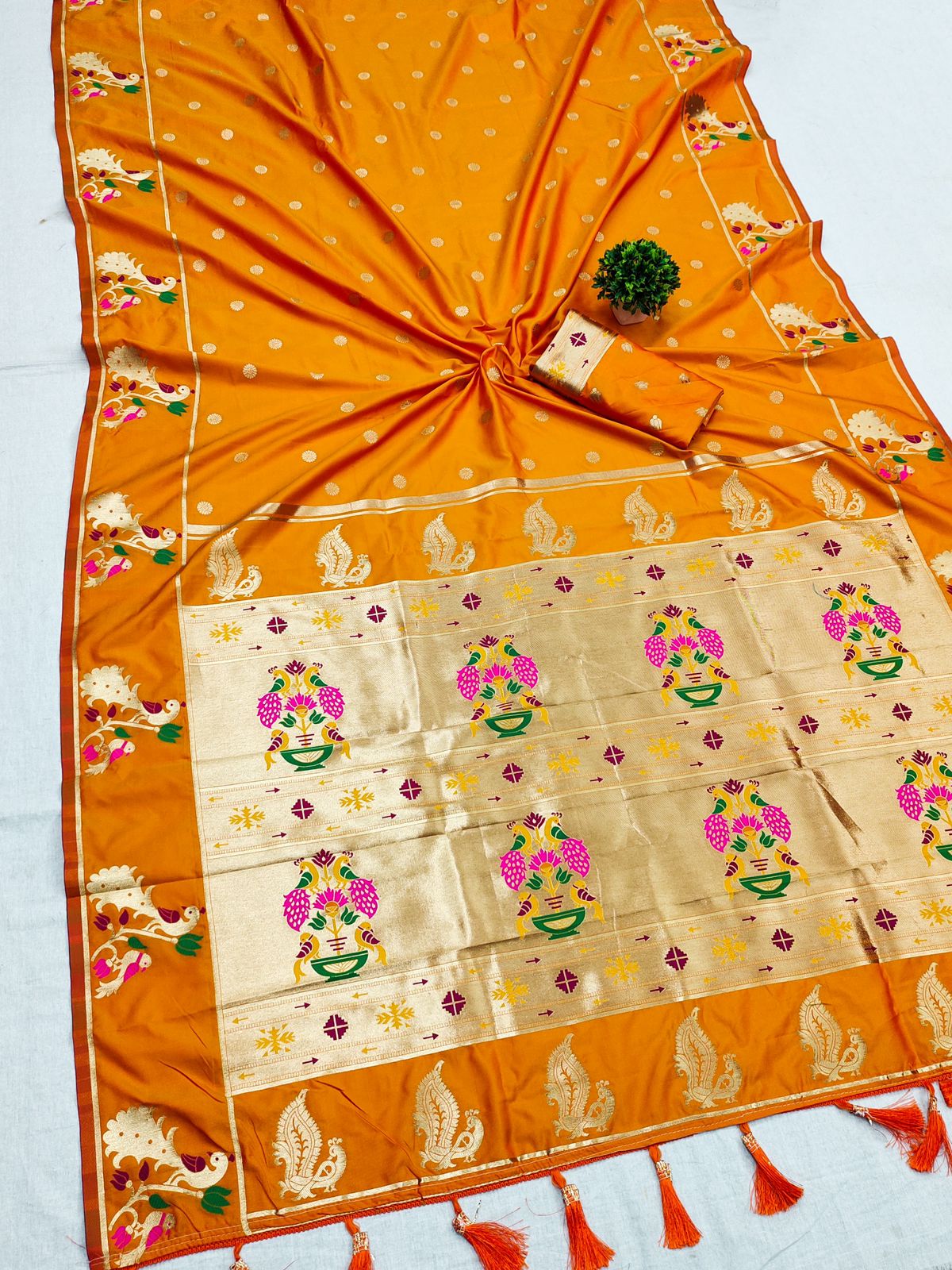 Bucolic Orange Paithani Silk Saree With Piquant Blouse Piece