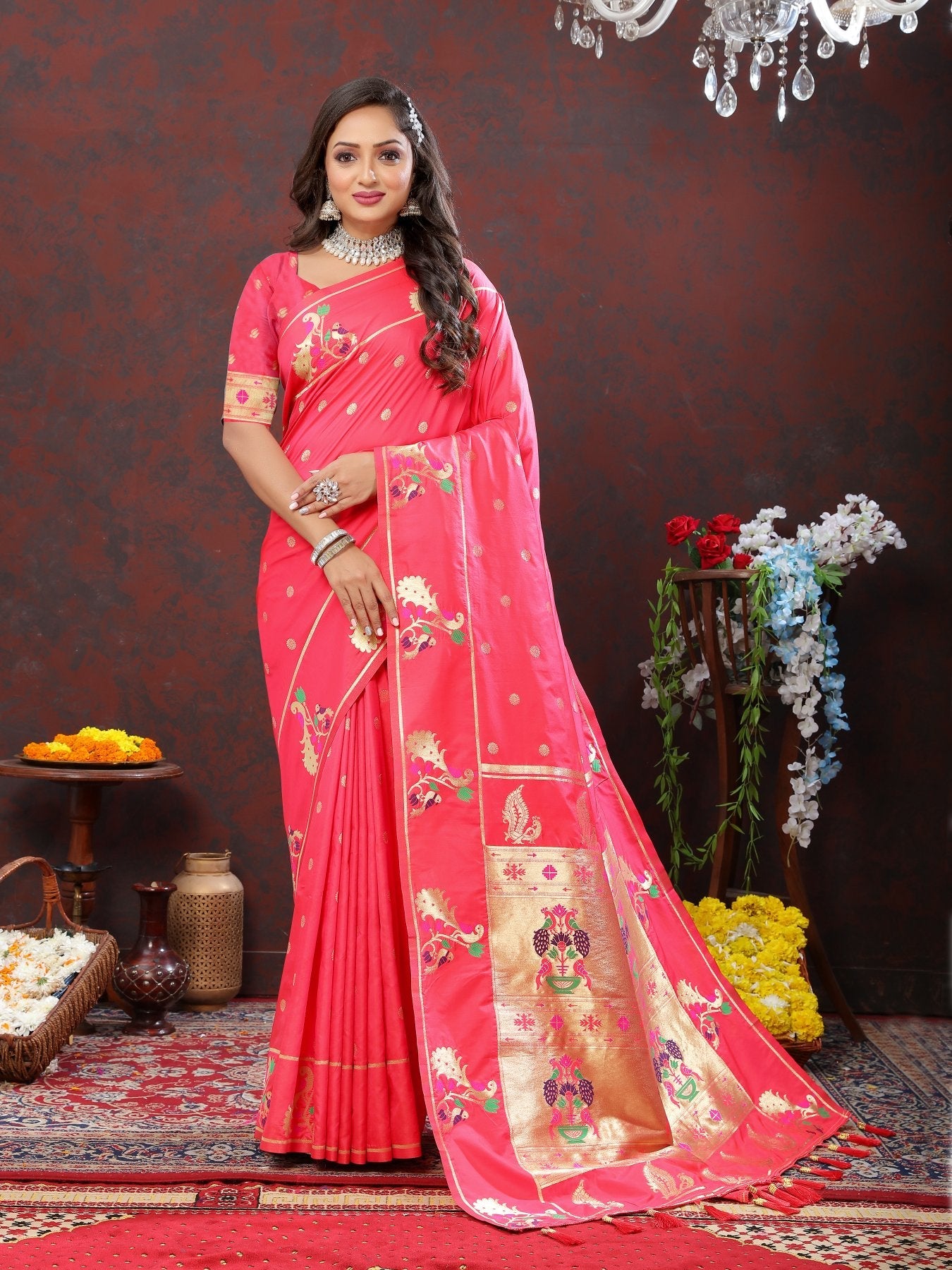 Conflate Pink Paithani Silk Saree With Whimsical Blouse Piece