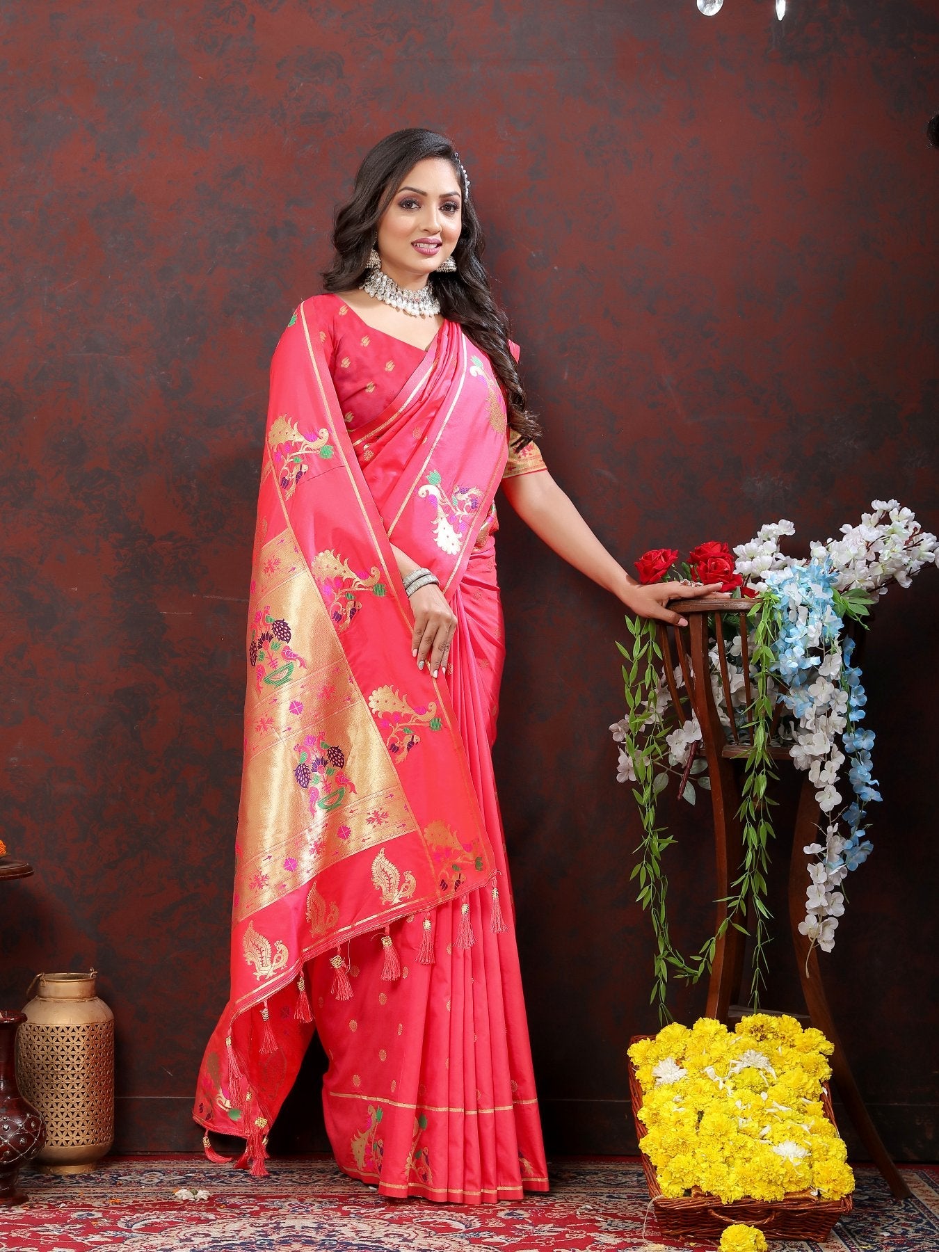 Conflate Pink Paithani Silk Saree With Whimsical Blouse Piece