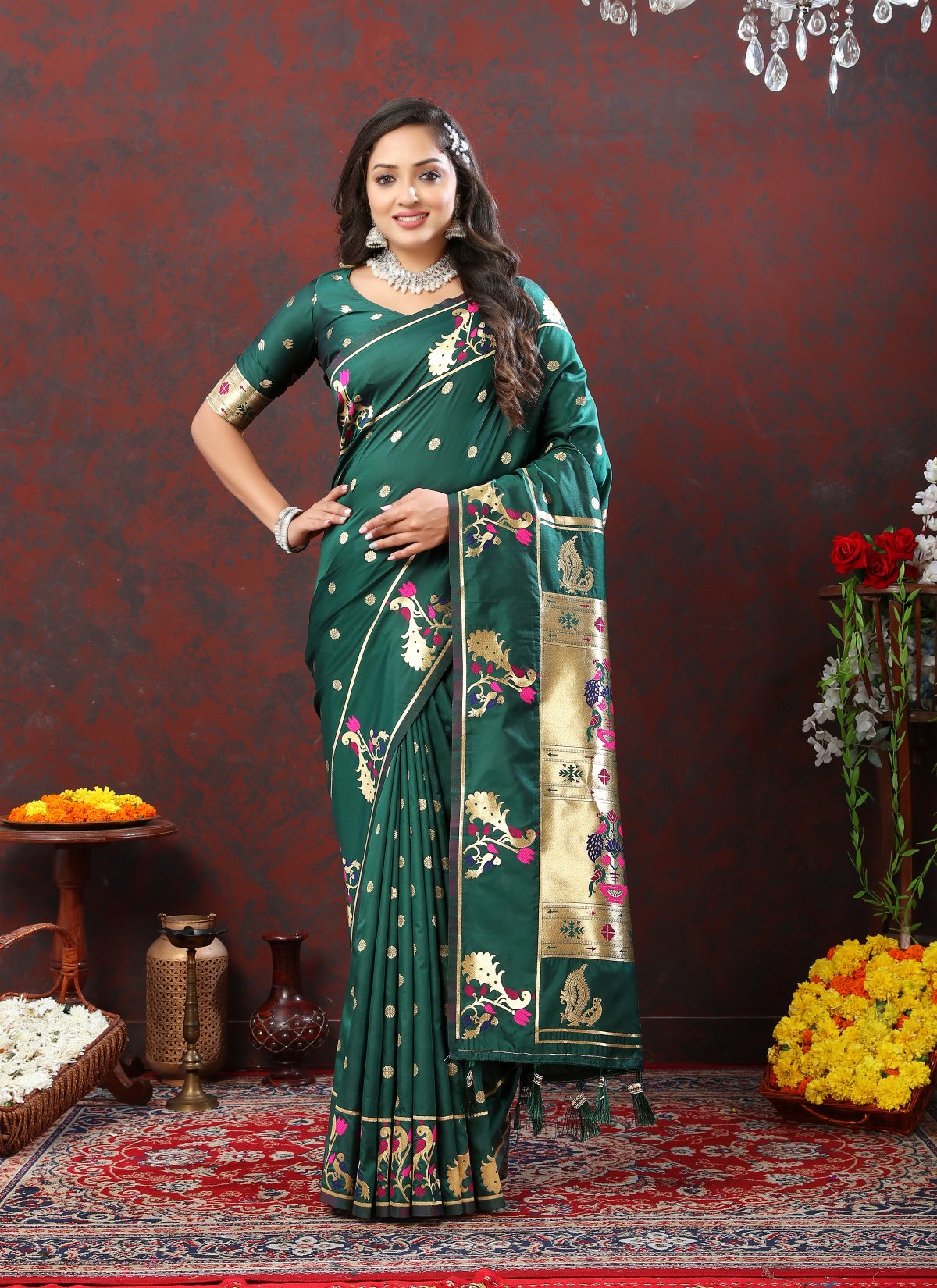 Dalliance Rama Paithani Silk Saree With Allure Blouse Piece