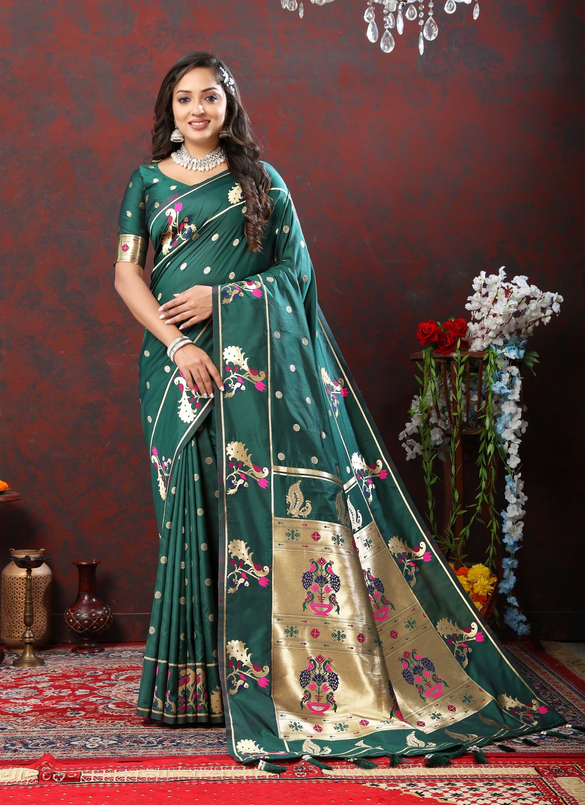 Dalliance Rama Paithani Silk Saree With Allure Blouse Piece