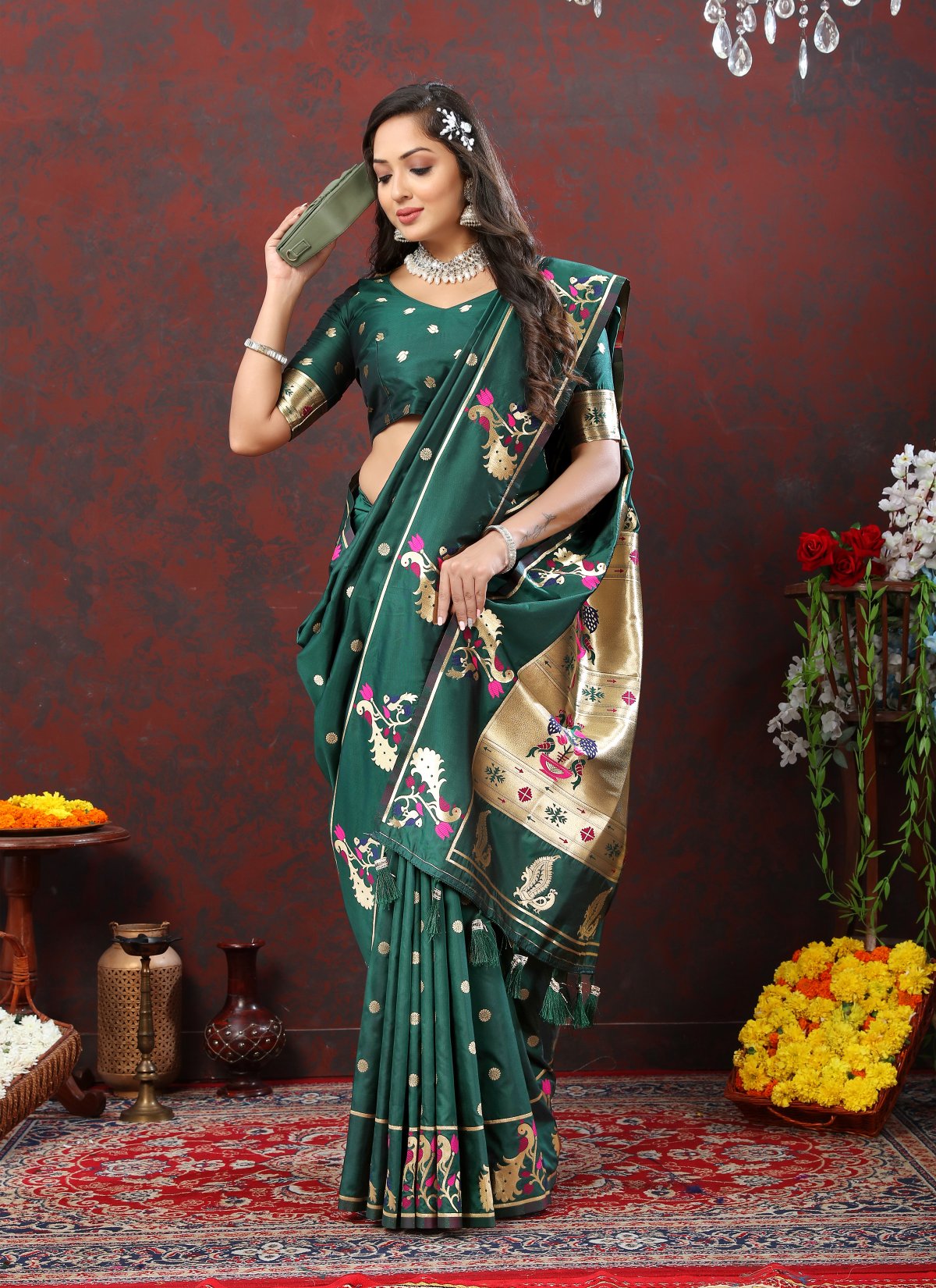 Dalliance Rama Paithani Silk Saree With Allure Blouse Piece