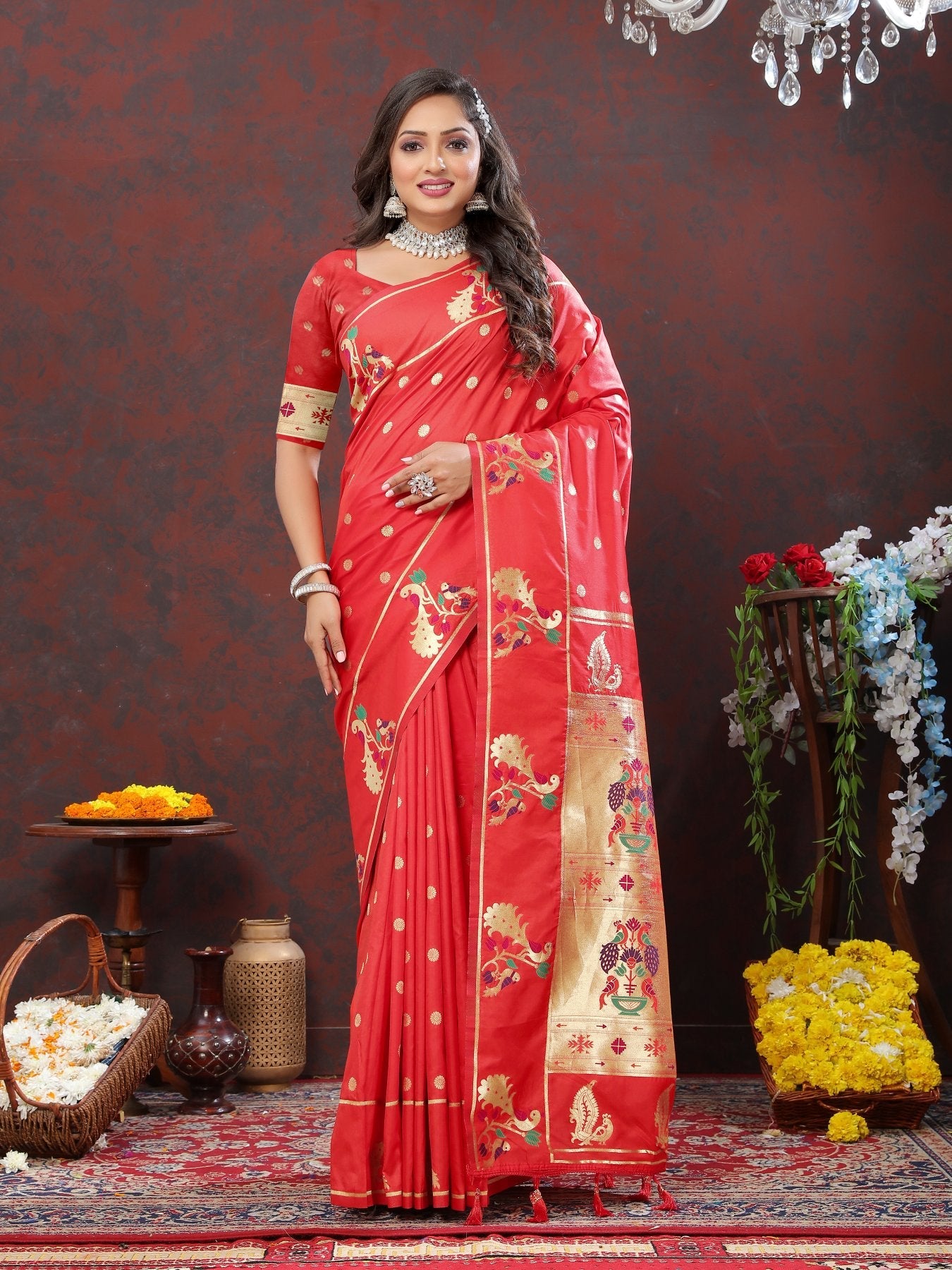 Demesne Red Paithani Silk Saree With Pulsating Blouse Piece