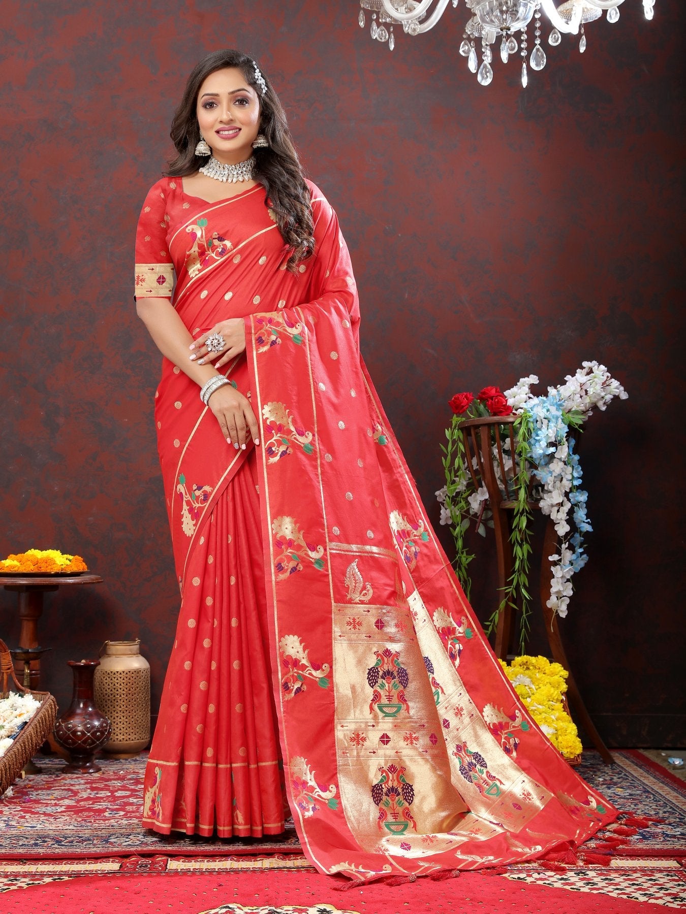 Demesne Red Paithani Silk Saree With Pulsating Blouse Piece