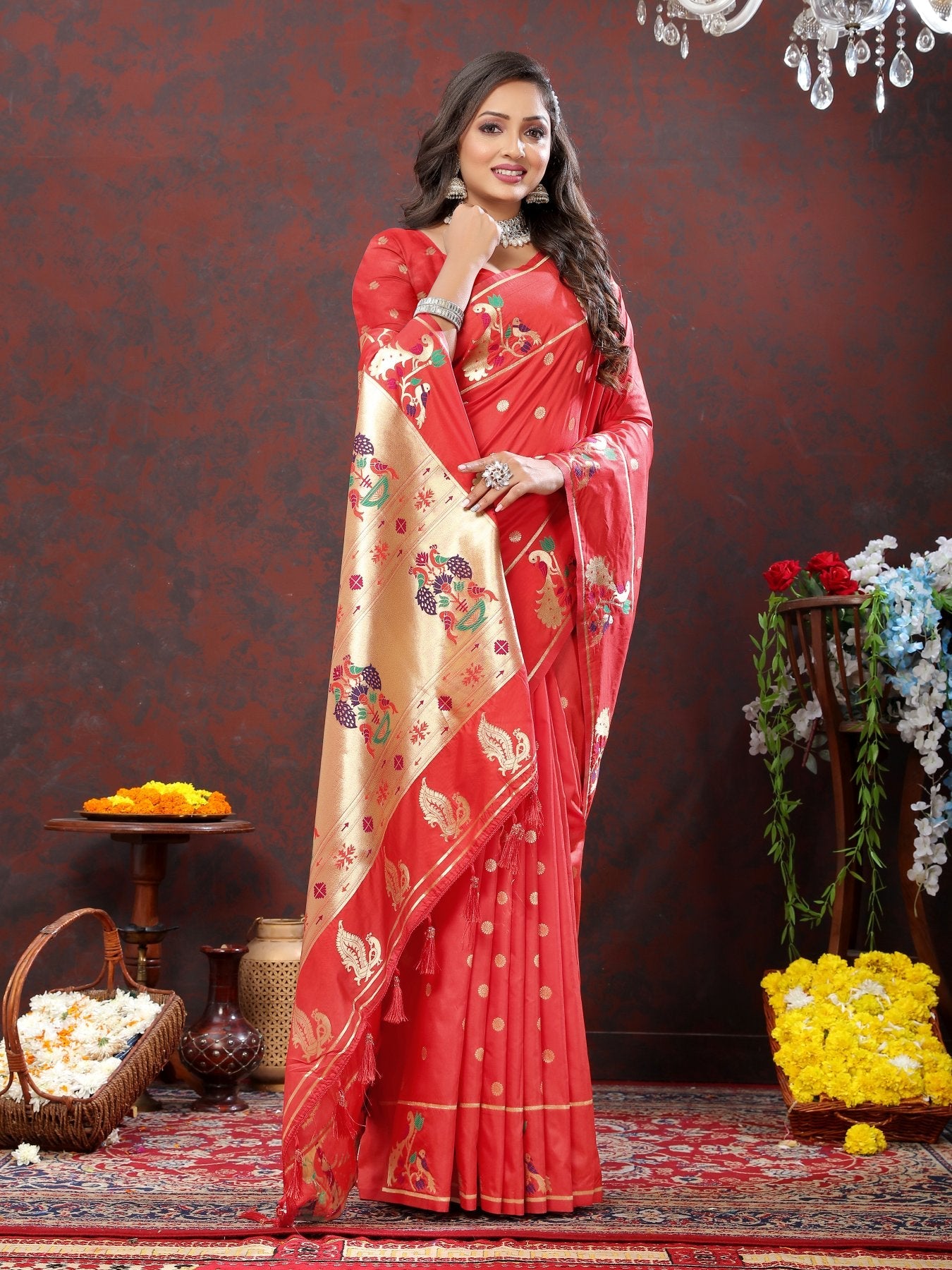 Demesne Red Paithani Silk Saree With Pulsating Blouse Piece