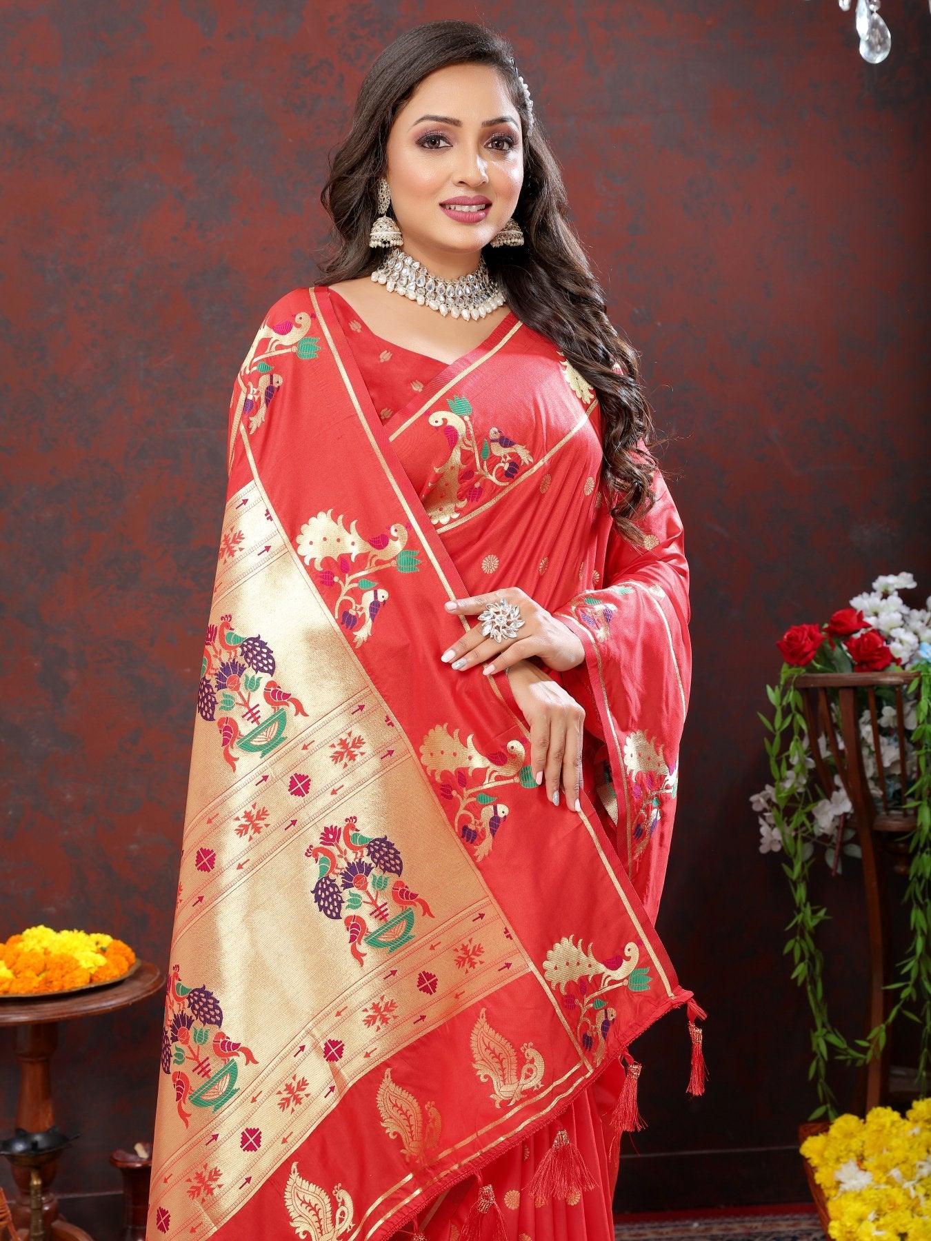 Demesne Red Paithani Silk Saree With Pulsating Blouse Piece