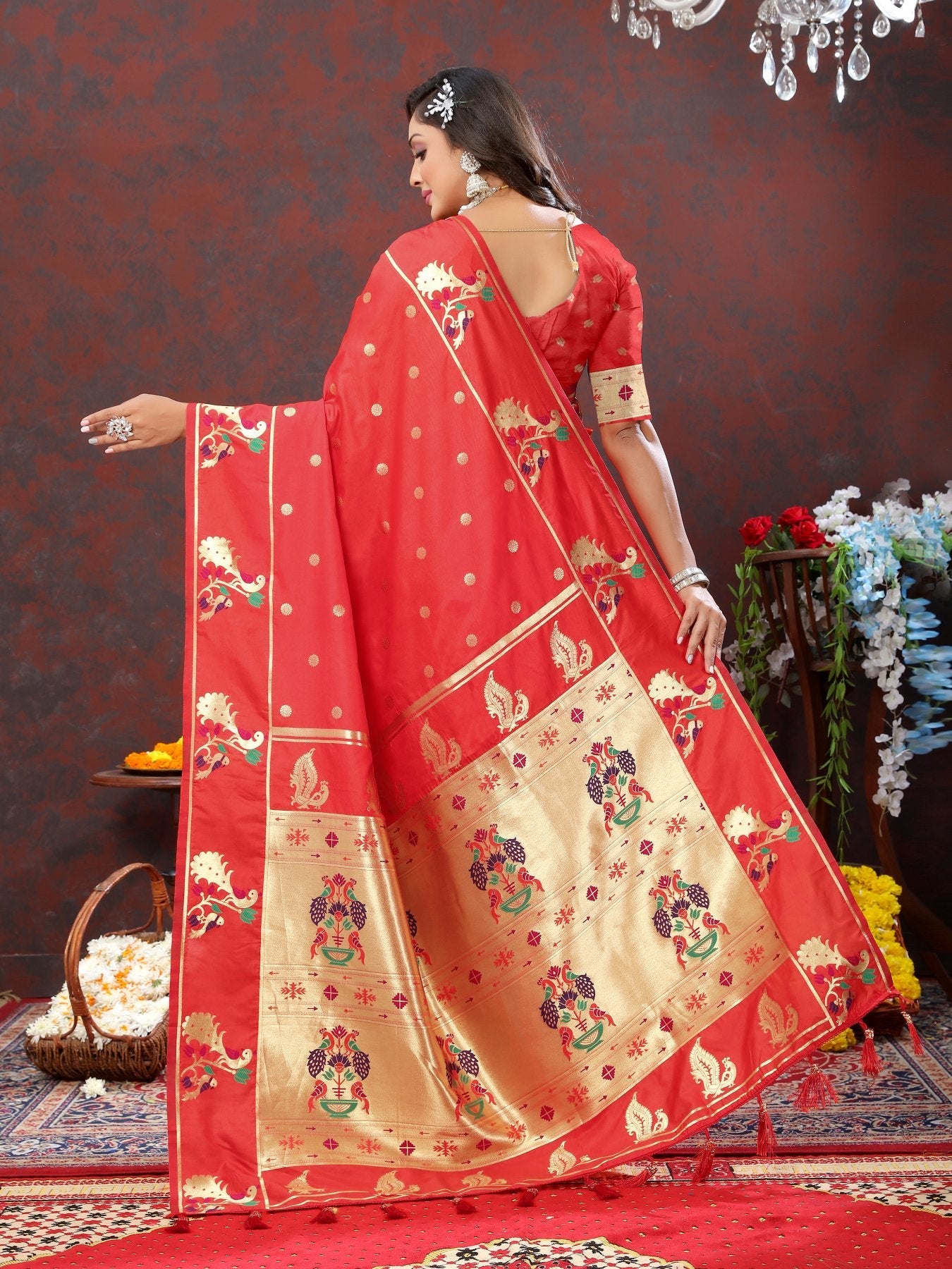 Demesne Red Paithani Silk Saree With Pulsating Blouse Piece