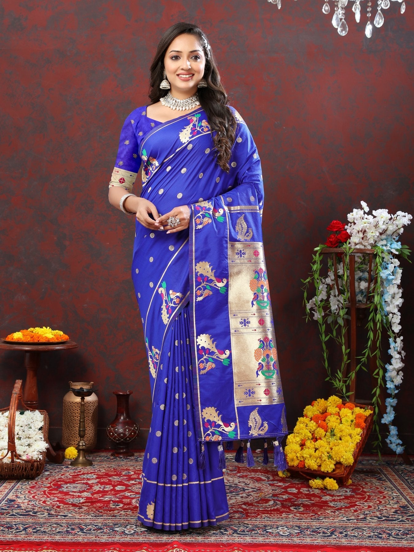 Opulent Royal Blue Paithani Silk Saree With Piquant Blouse Piece