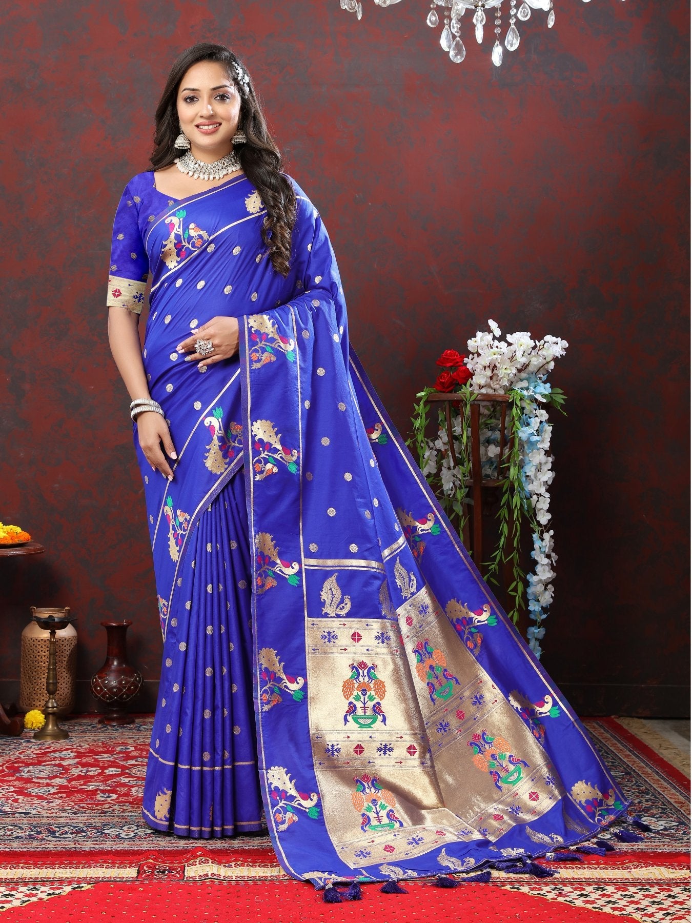 Opulent Royal Blue Paithani Silk Saree With Piquant Blouse Piece