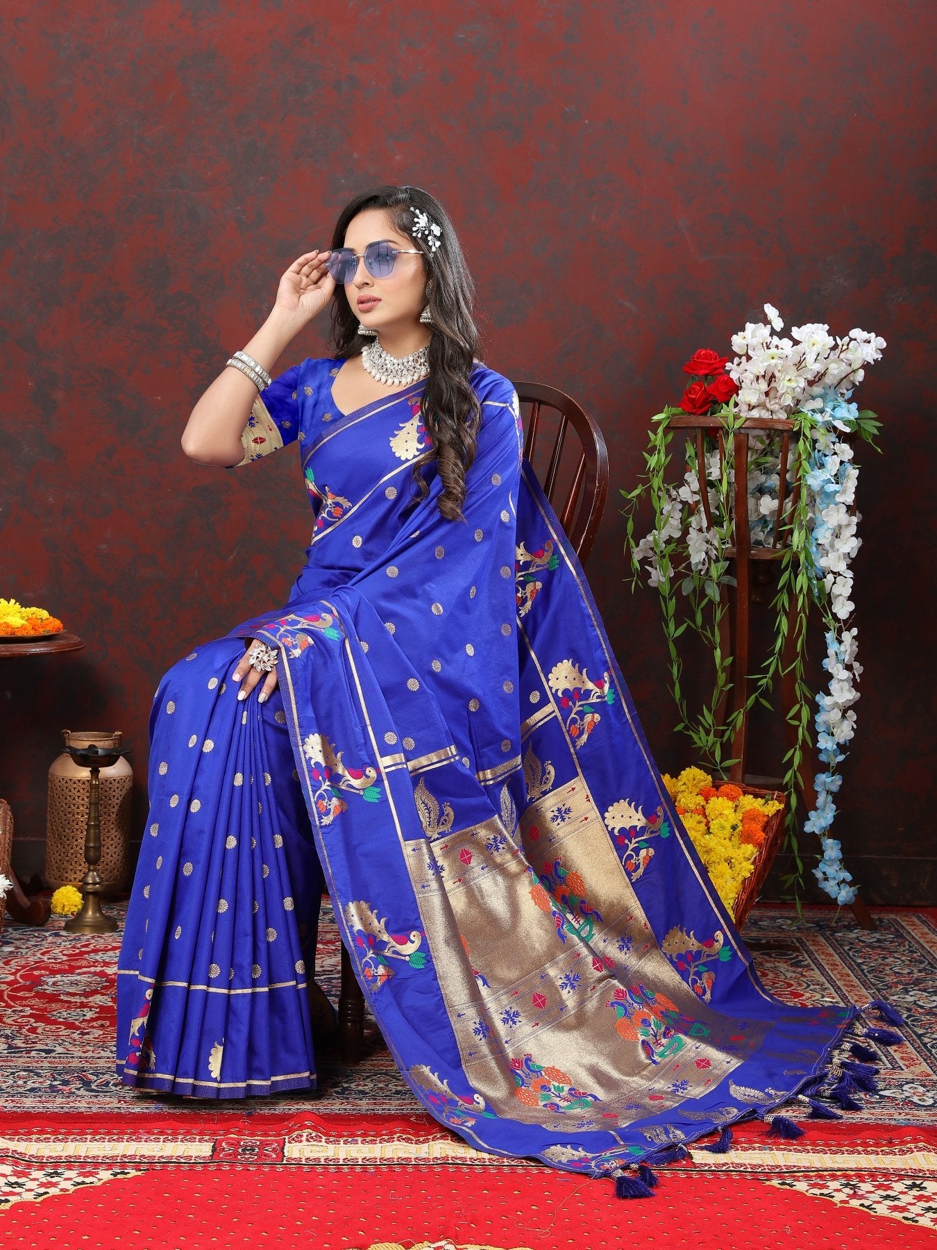 Opulent Royal Blue Paithani Silk Saree With Piquant Blouse Piece