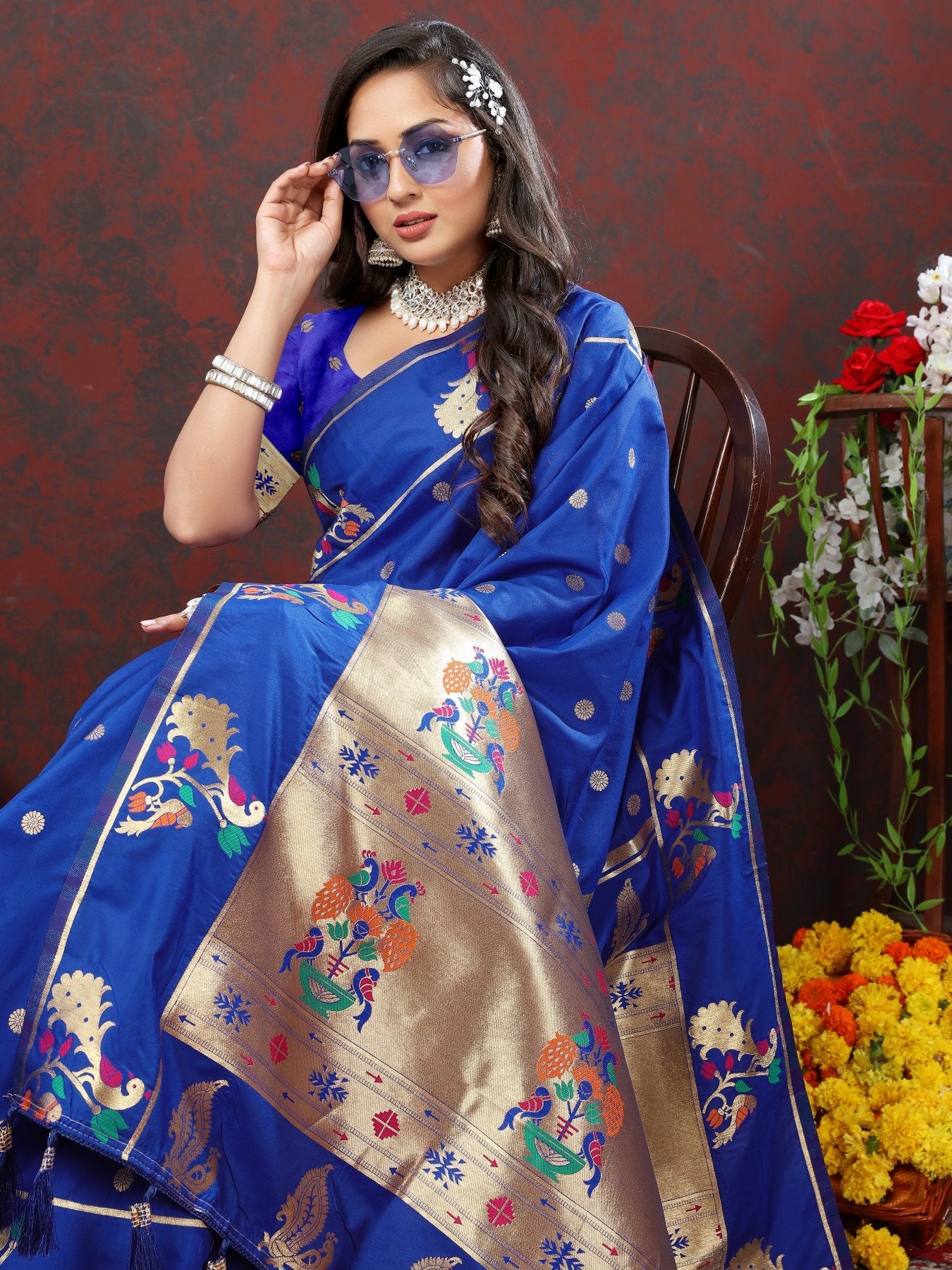 Opulent Royal Blue Paithani Silk Saree With Piquant Blouse Piece