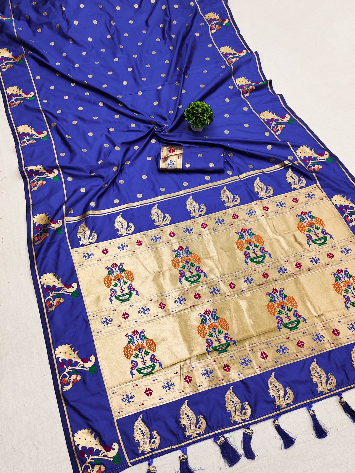 Opulent Royal Blue Paithani Silk Saree With Piquant Blouse Piece