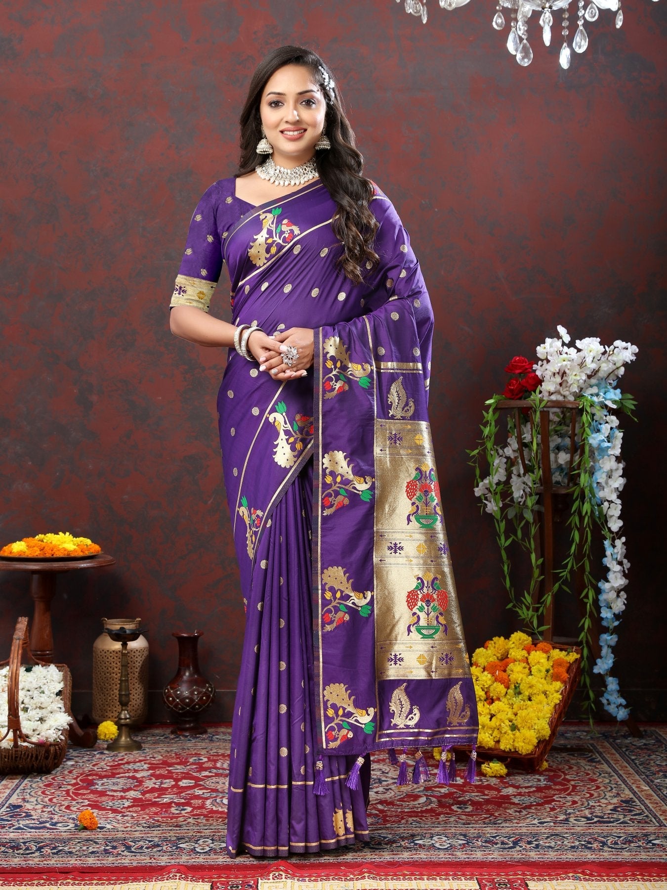 Demure Violet Paithani Silk Saree With Panache Blouse Piece